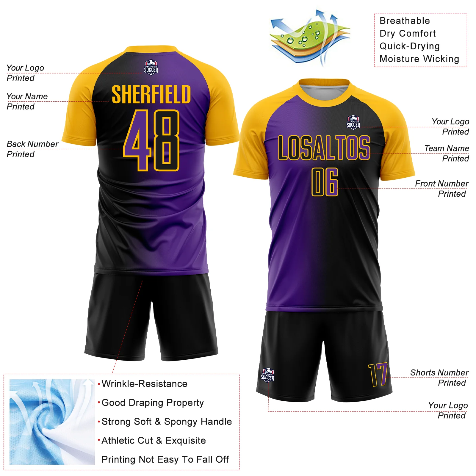 Custom Black Purple-Gold Sublimation Gradient Fashion Soccer Uniform Jersey - Image 4