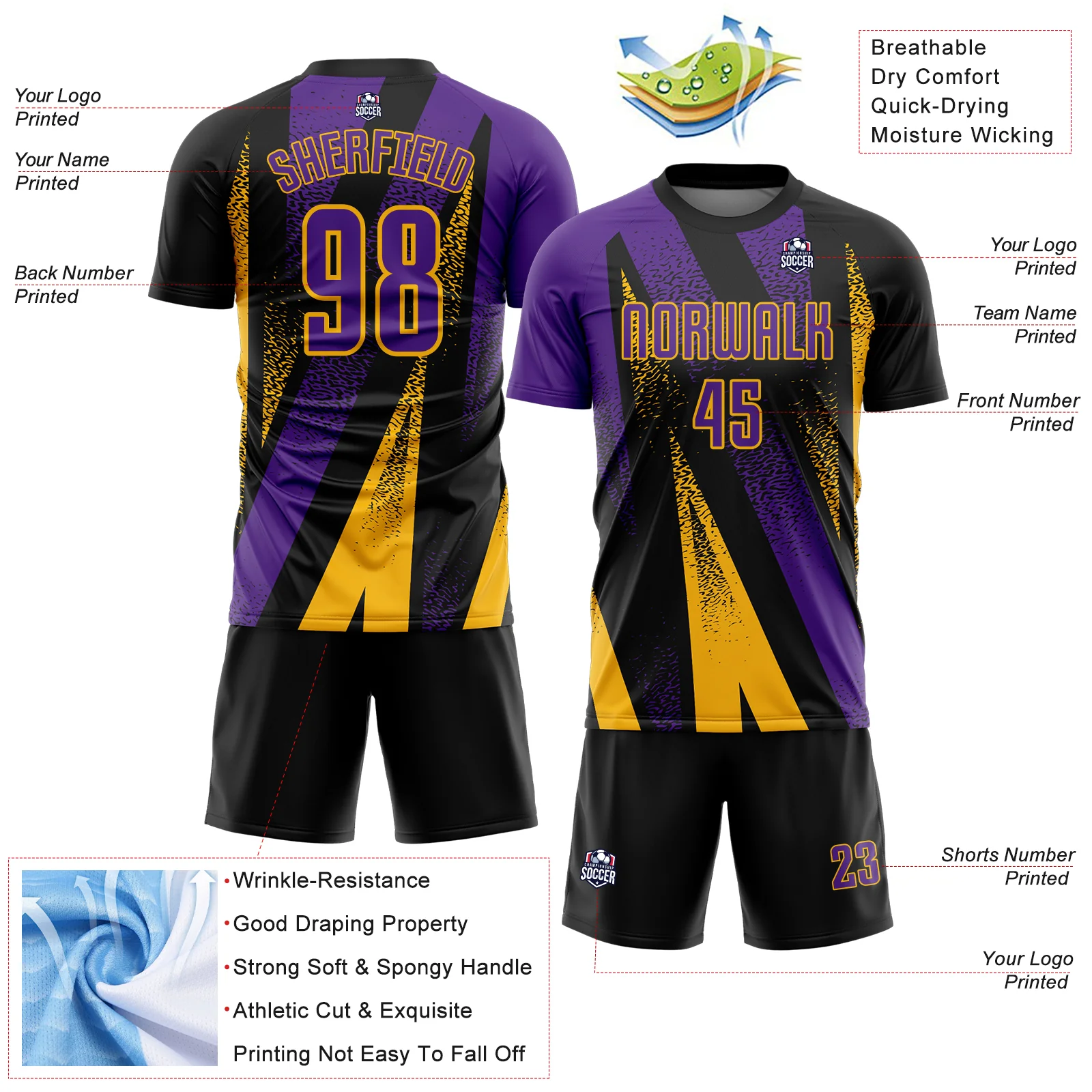 Custom Black Purple-Gold Radial Burst Sports Sublimation Soccer Uniform Jersey - Image 4