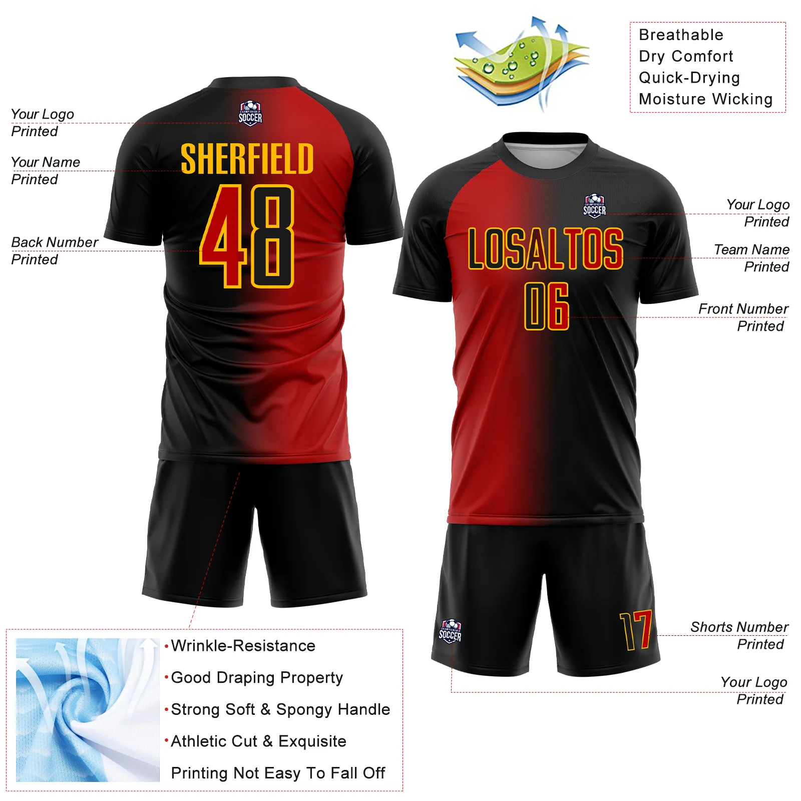 Custom Black Red-Gold Sublimation Gradient Fashion Soccer Uniform Jersey - Image 4