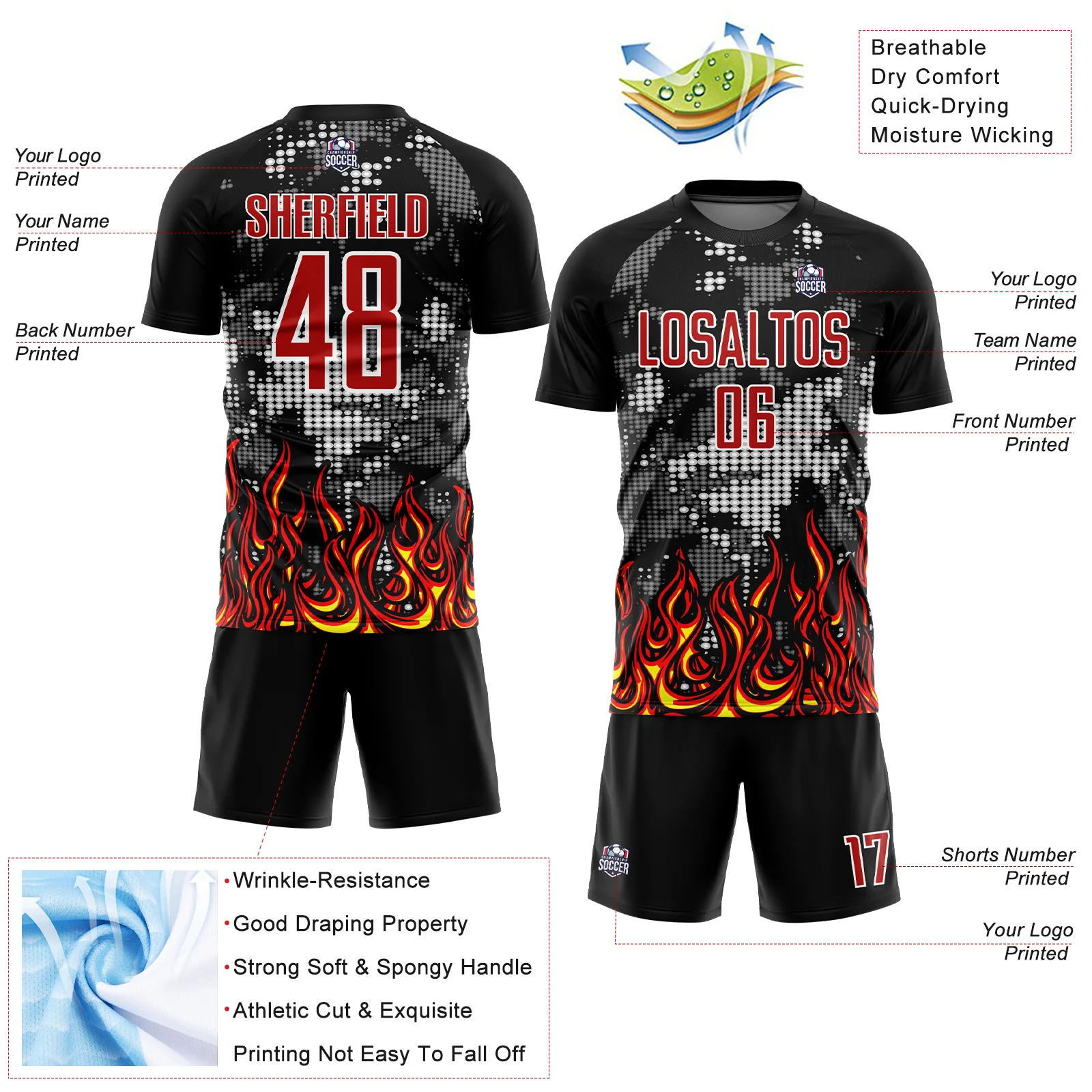 Custom Black Red Gold-Gray Flame Sublimation Soccer Uniform Jersey - Image 4