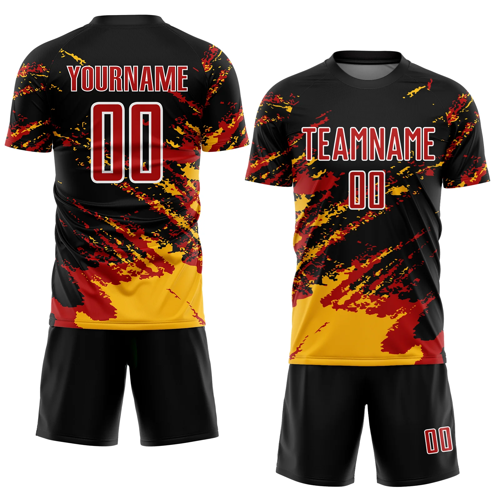 Custom Black Red-Gold Abstract Fragment Art Splash Sublimation Soccer Uniform Jersey - Image 2
