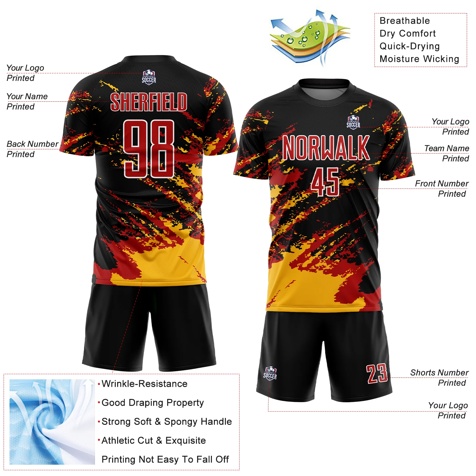 Custom Black Red-Gold Abstract Fragment Art Splash Sublimation Soccer Uniform Jersey - Image 4
