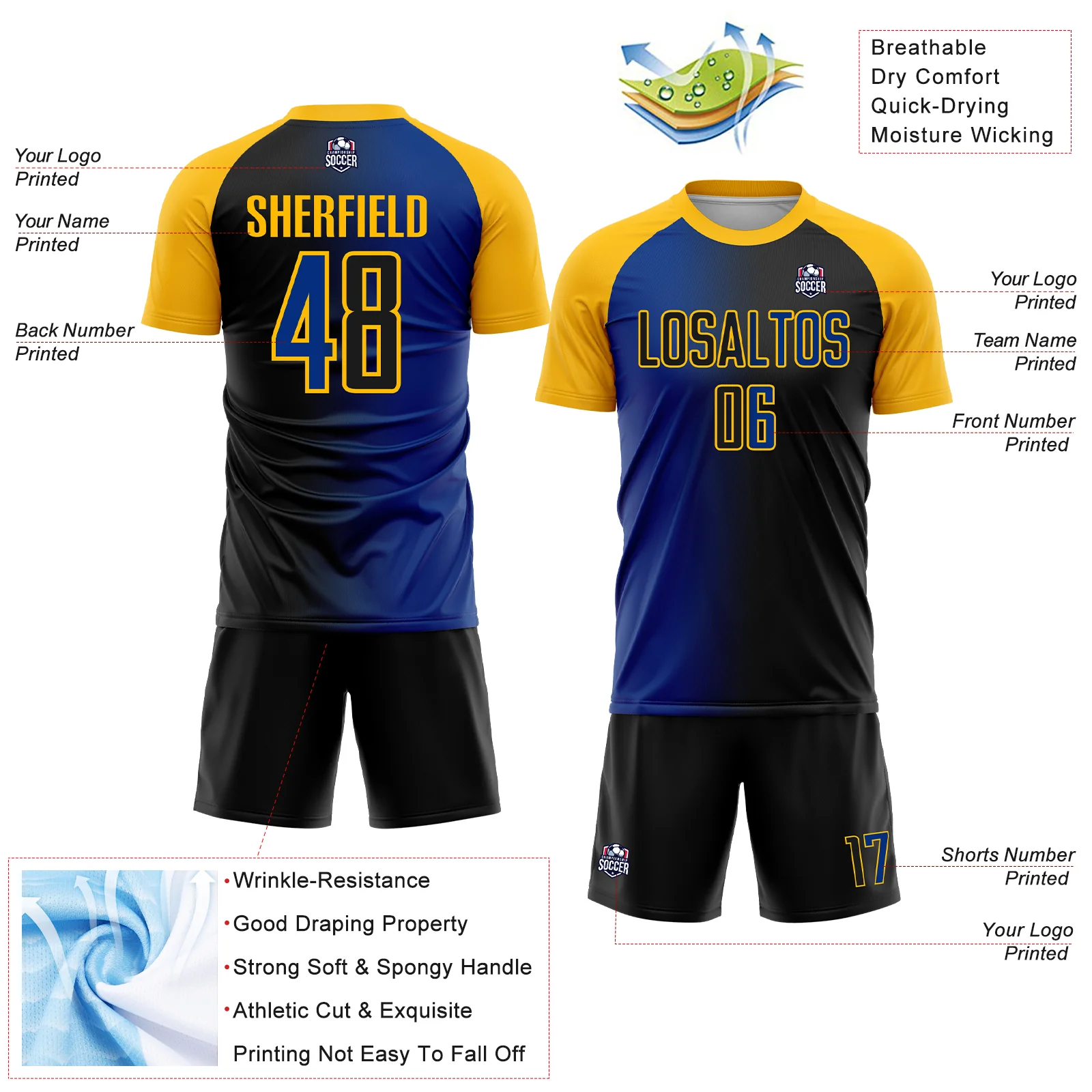 Custom Black Royal-Gold Sublimation Gradient Fashion Soccer Uniform Jersey - Image 4