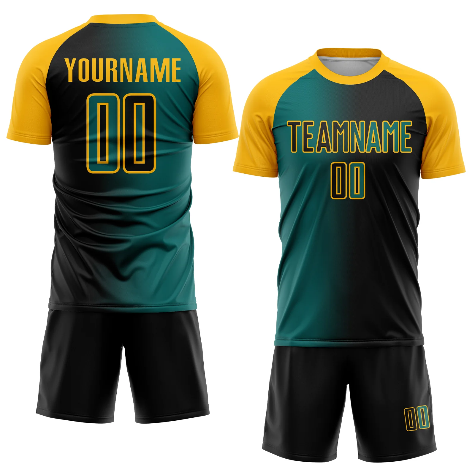 Custom Black Teal-Gold Sublimation Gradient Fashion Soccer Uniform Jersey - Image 2