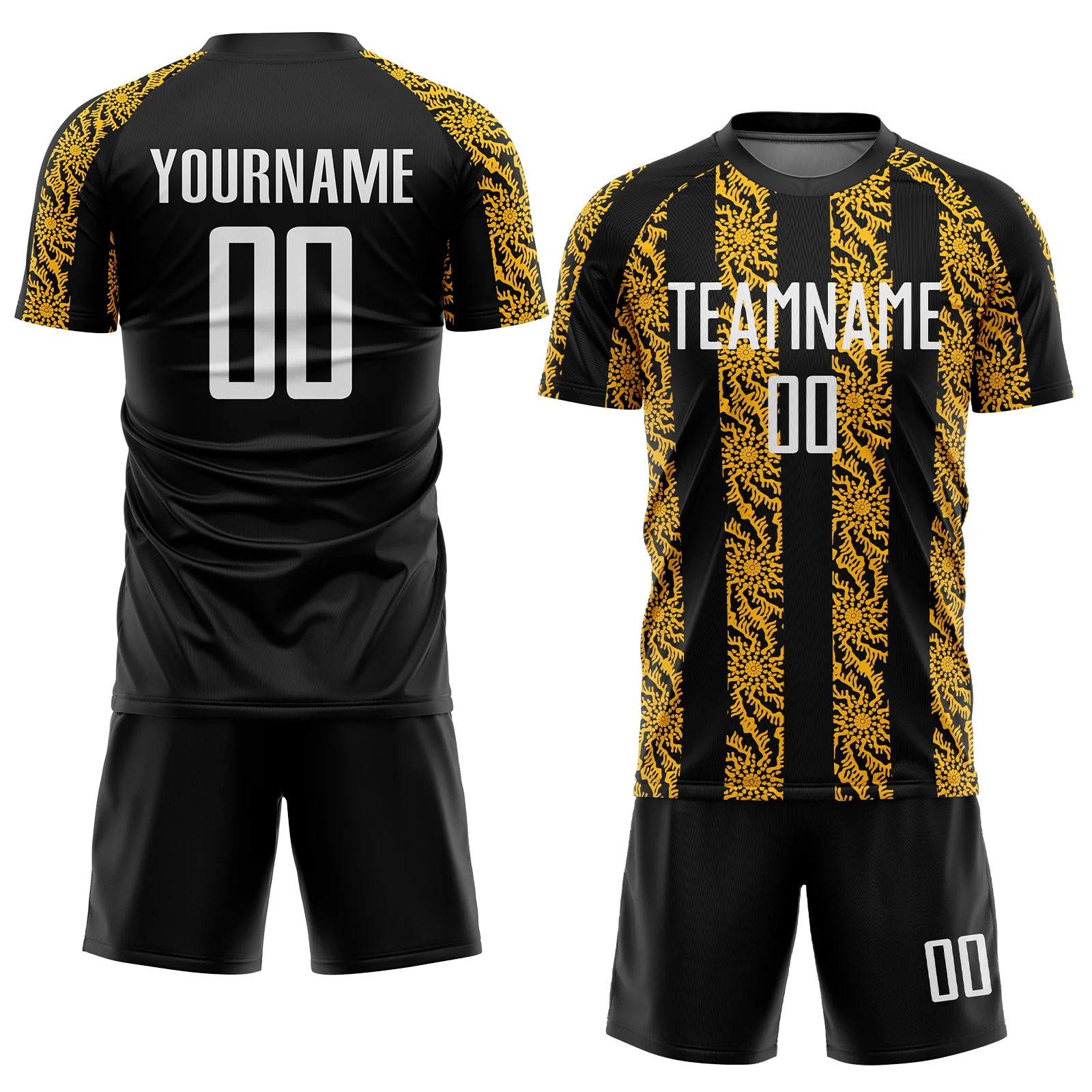 Custom Black White-Gold Abstract Shape Sublimation Soccer Uniform Jersey - Image 2