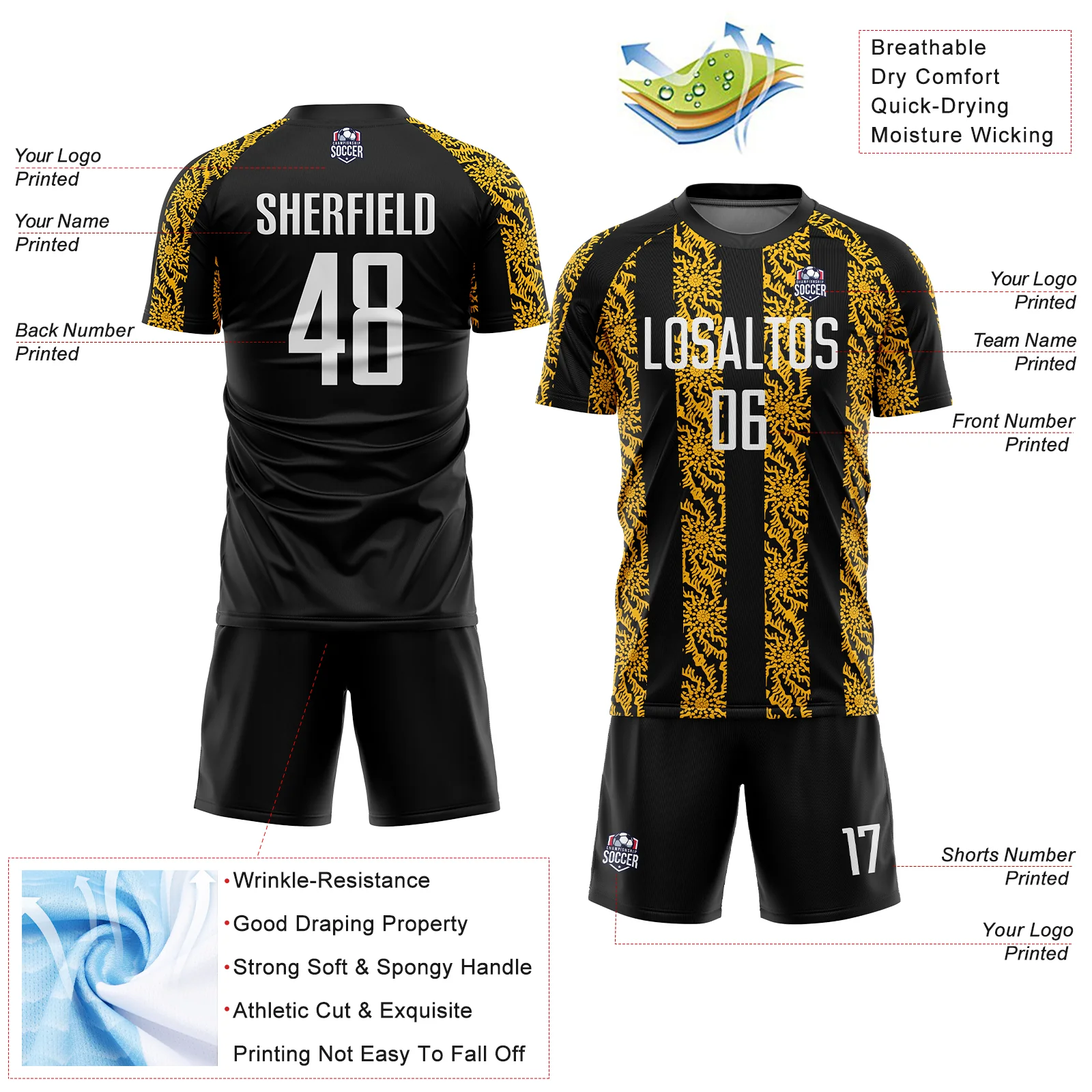 Custom Black White-Gold Abstract Shape Sublimation Soccer Uniform Jersey - Image 4