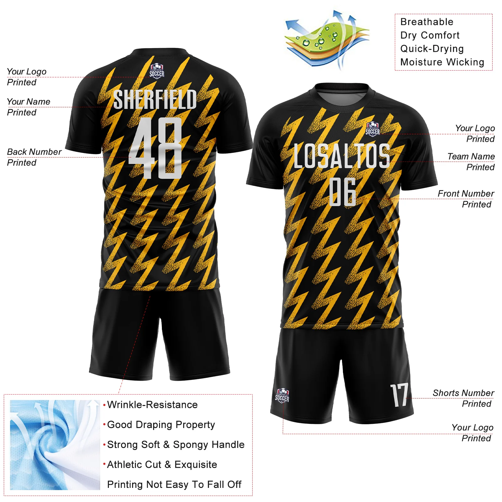 Custom Black White-Gold Zigzag Shape Sublimation Soccer Uniform Jersey - Image 4