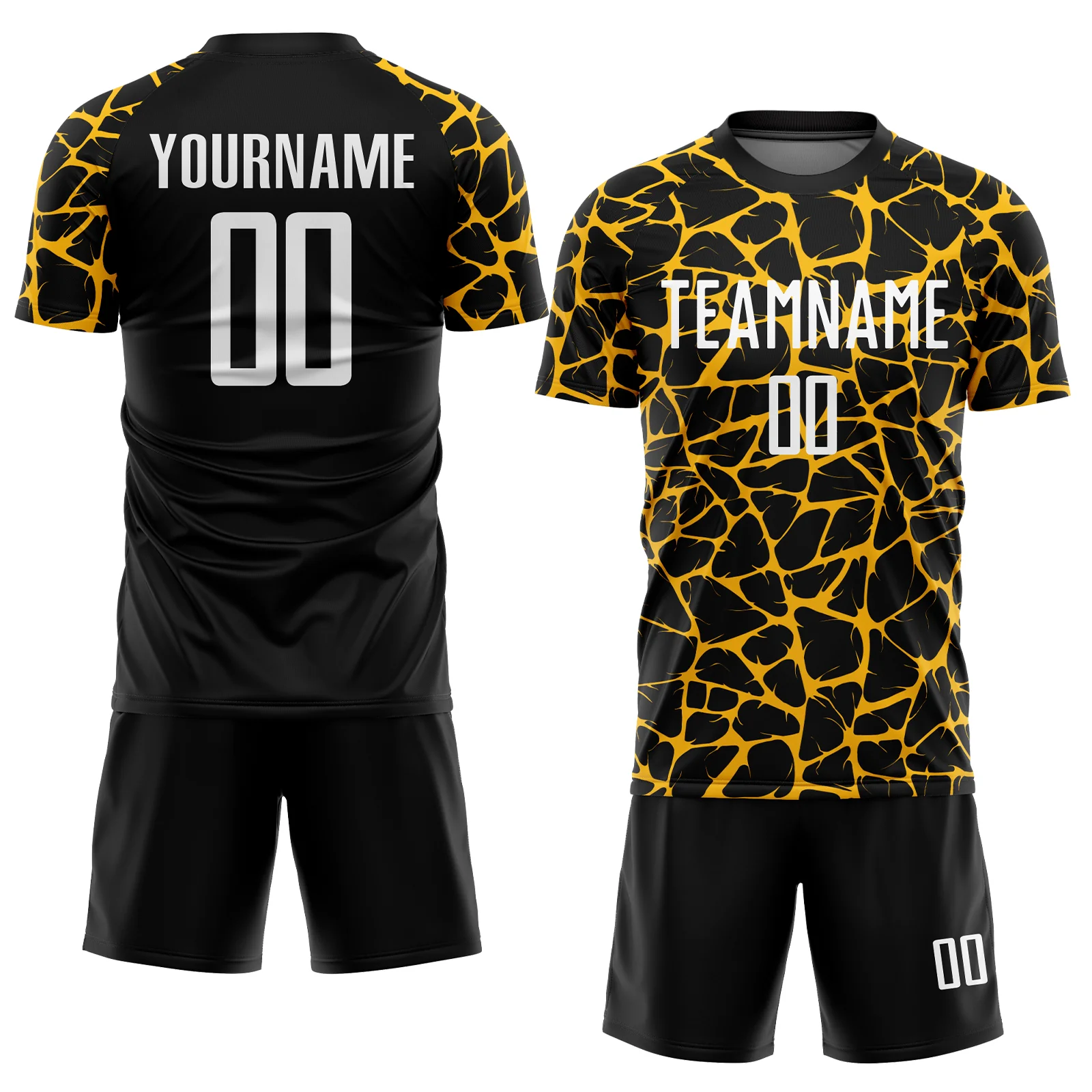 Custom Black White-Gold Abstract Network Splash Sublimation Soccer Uniform Jersey - Image 2