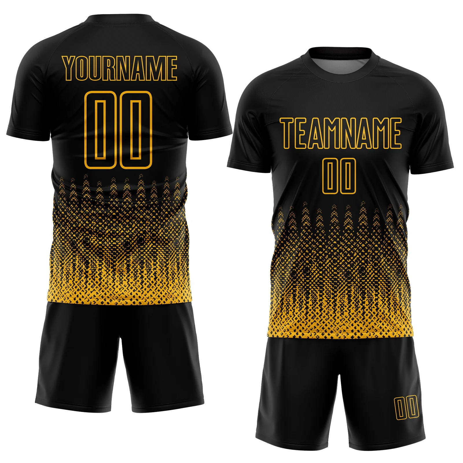 Custom Black Gold Geometric Shape Sublimation Soccer Uniform Jersey - Image 2