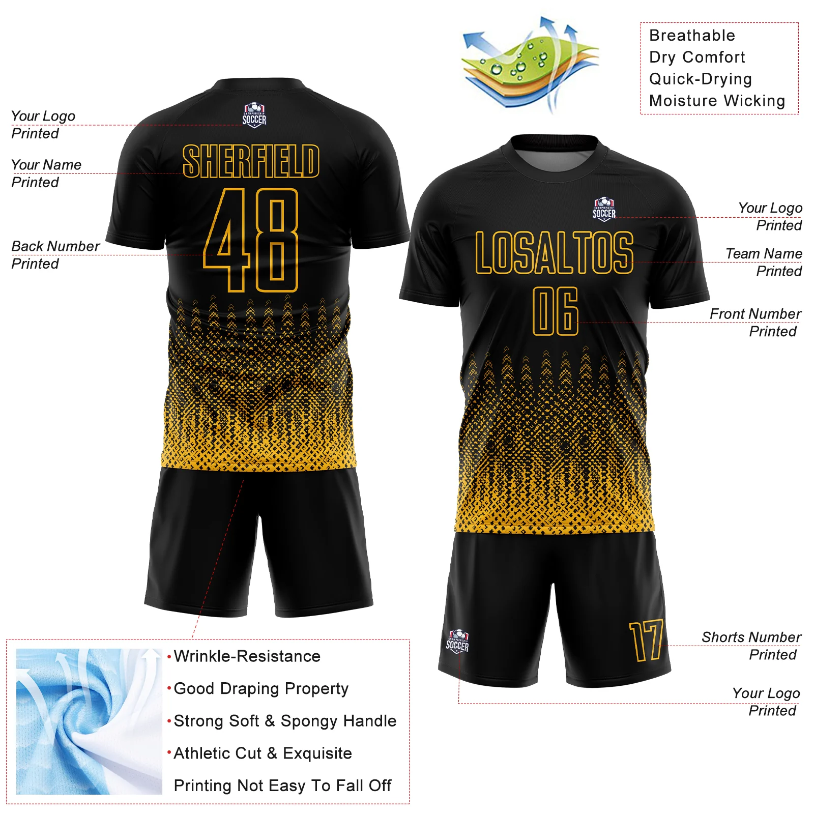 Custom Black Gold Geometric Shape Sublimation Soccer Uniform Jersey - Image 4