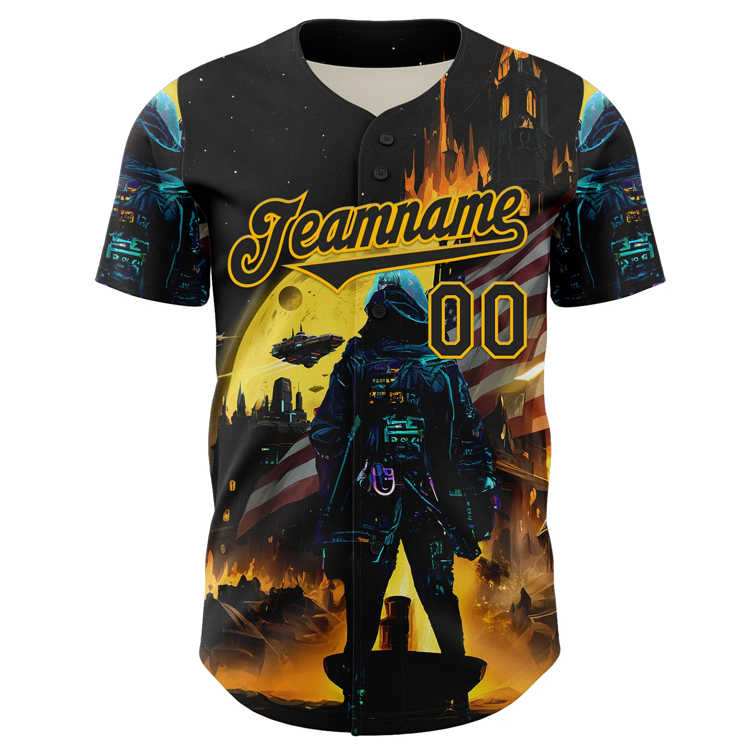 Custom Black Gold 3D Pattern Design Outer Space Starships American Flag Authentic Baseball Jersey - Image 2
