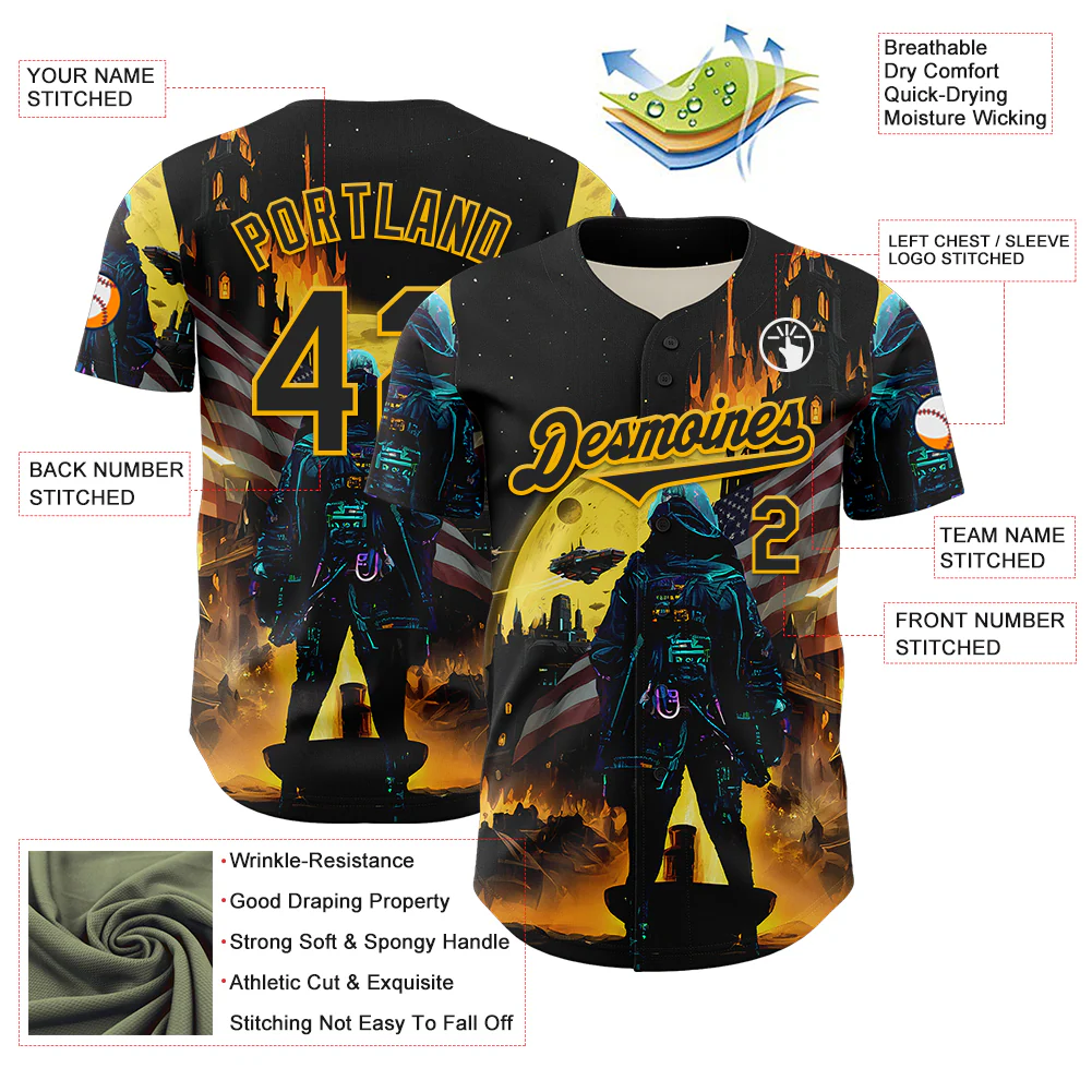 Custom Black Gold 3D Pattern Design Outer Space Starships American Flag Authentic Baseball Jersey - Image 3