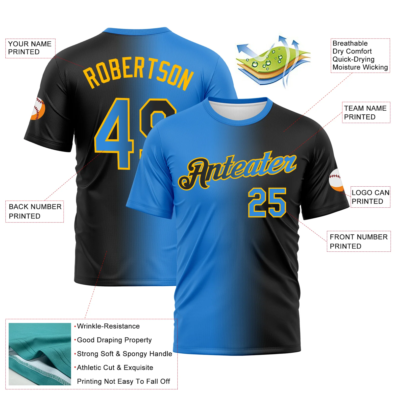 Custom Black Powder Blue-Gold Gradient Fashion Performance T-Shirt - Image 3