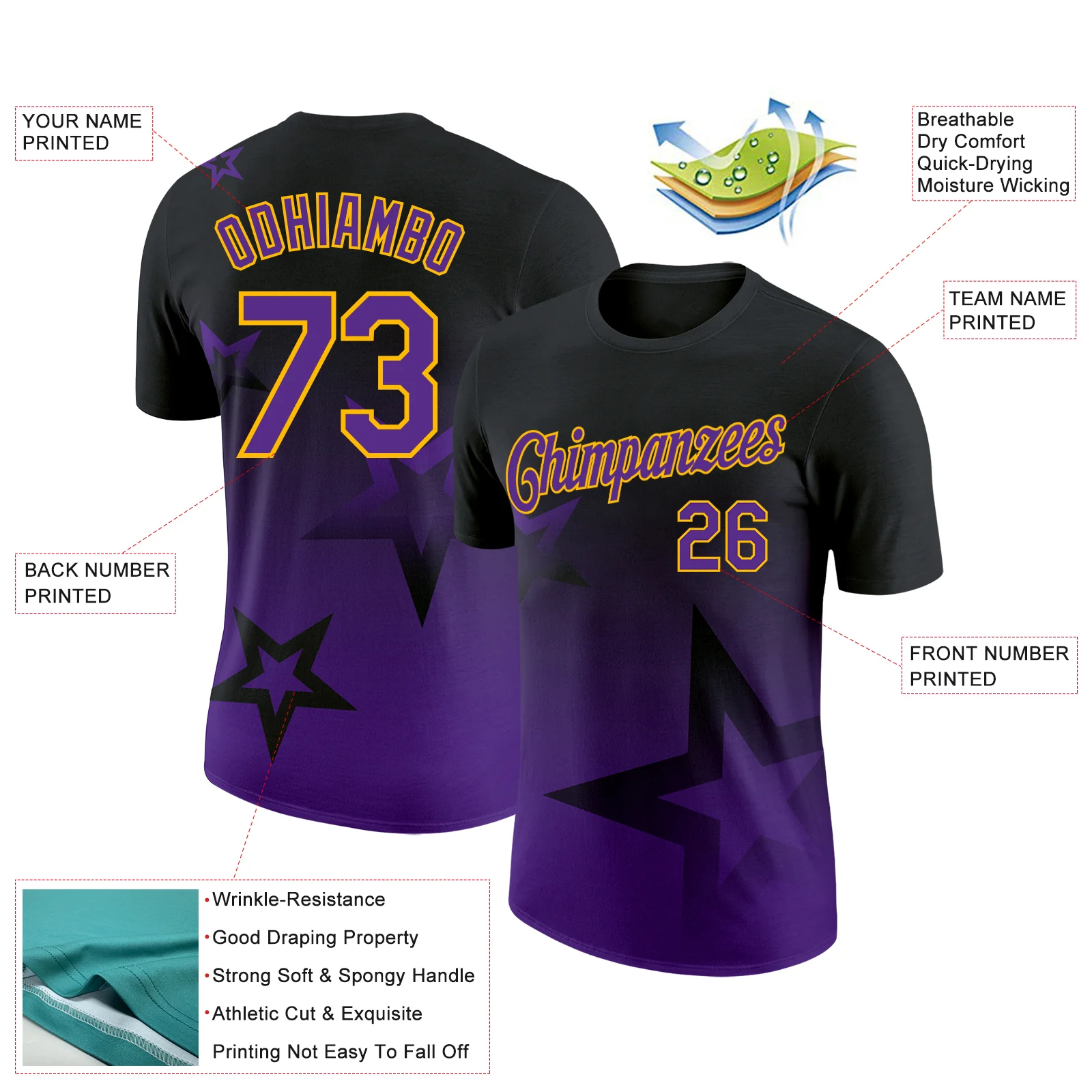 Custom Black Purple-Gold 3D Pattern Design Gradient Style Twinkle Star Performance T-Shirt - Image 2