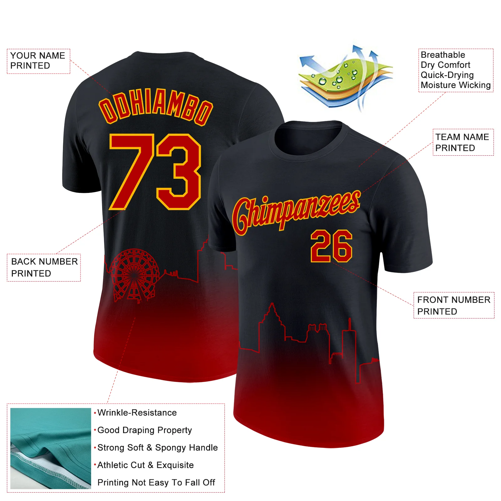 Custom Black Red-Gold 3D Atlanta City Edition Fade Fashion Performance T-Shirt - Image 2