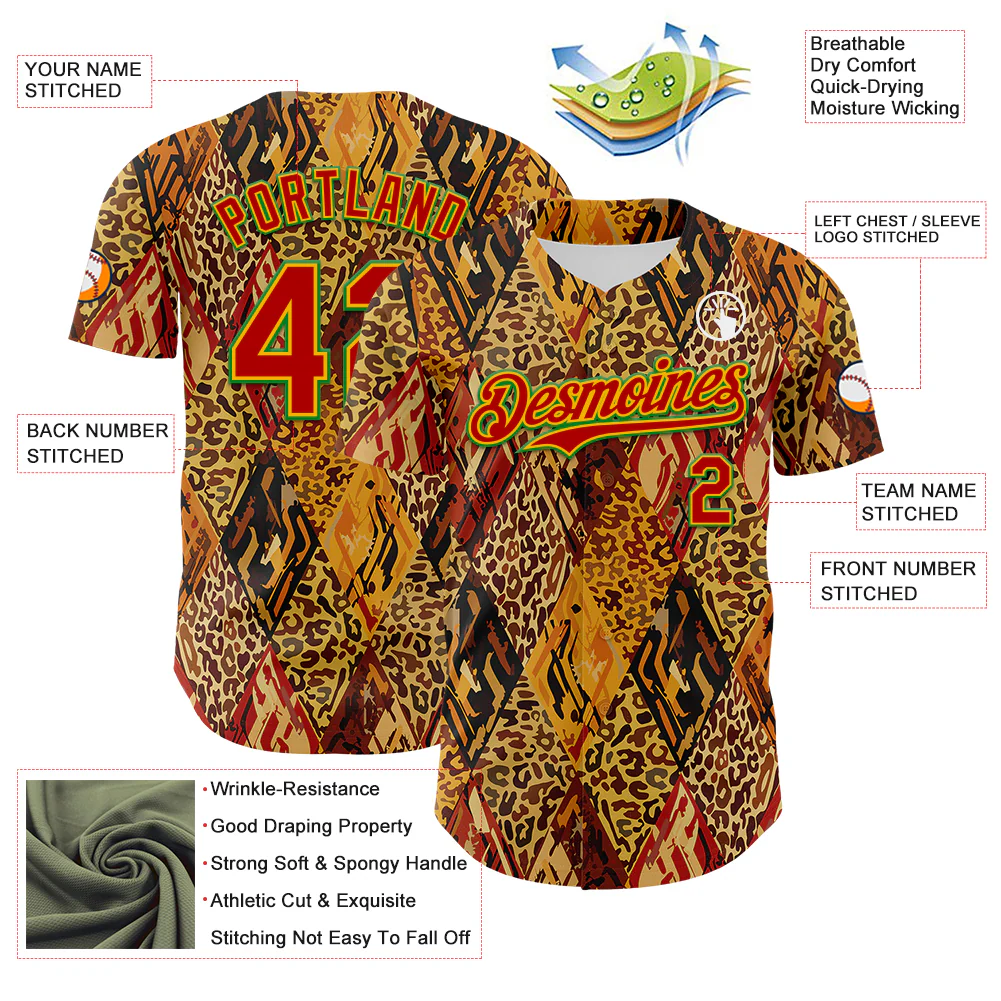 Custom Brown Red Gold-Grass Green 3D Pattern Design Black History Month Animal Print Authentic Baseball Jersey - Image 3