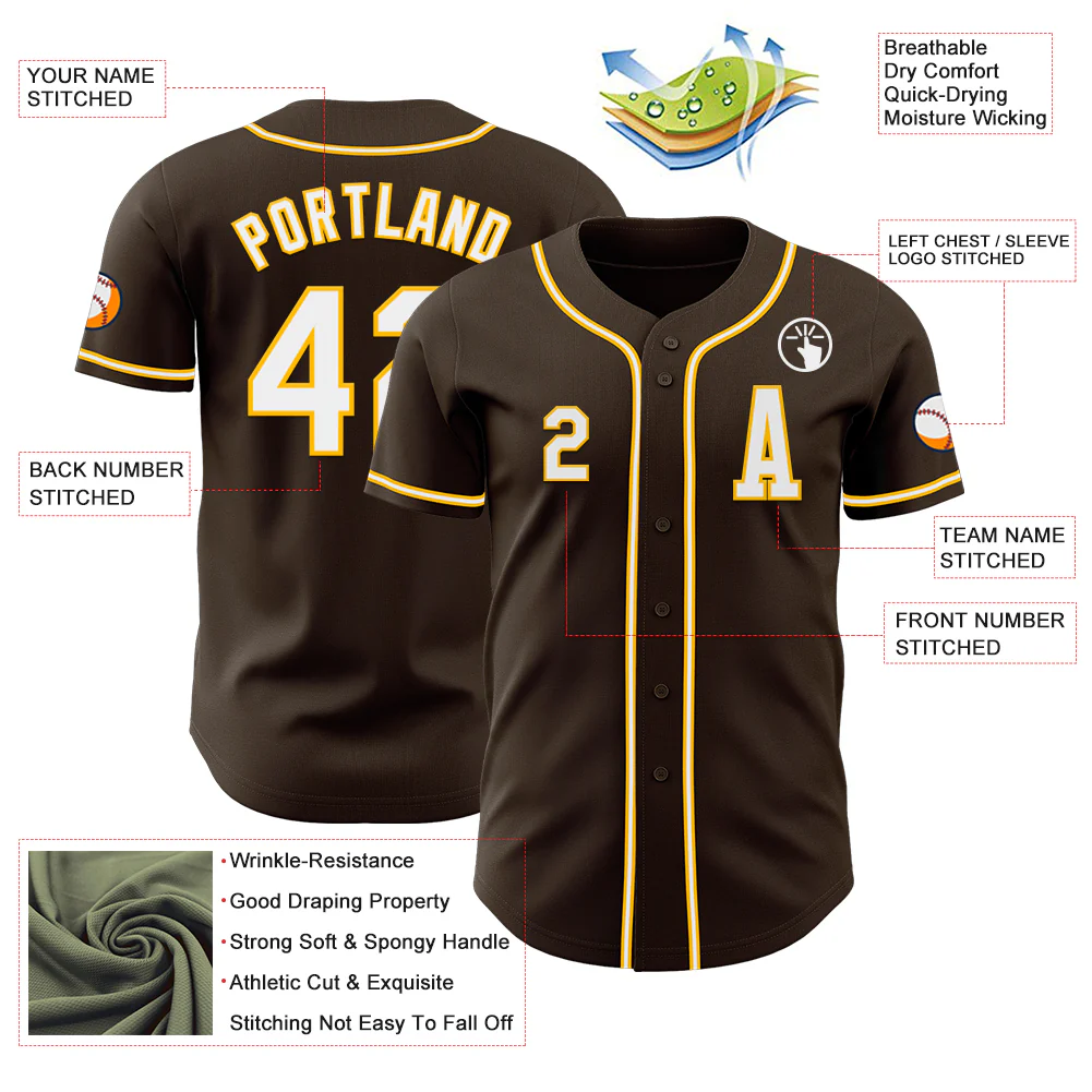 Custom Brown White-Gold Authentic Baseball Jersey - Image 2