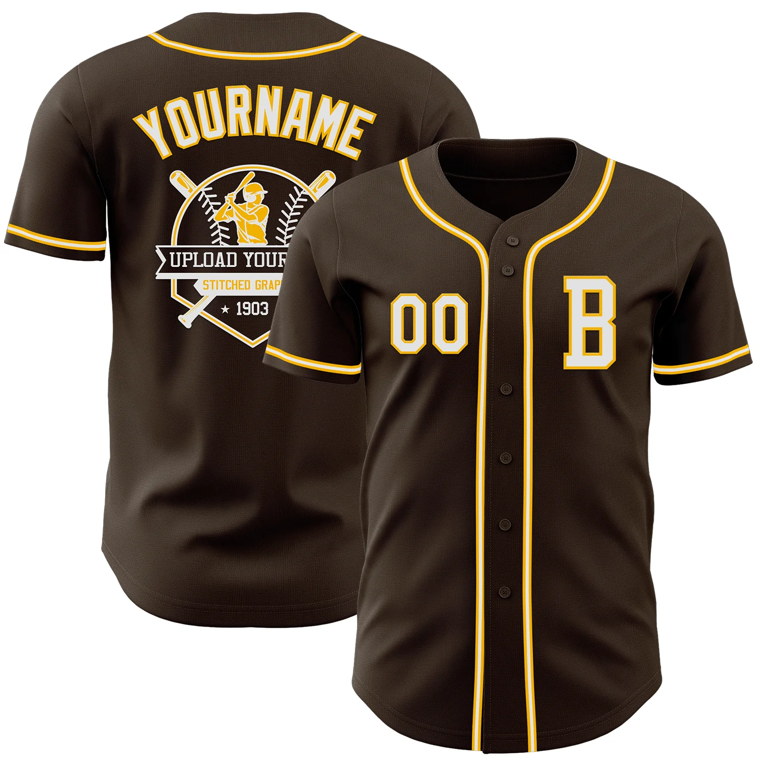 Custom Brown White-Gold Authentic Baseball Jersey - Image 5