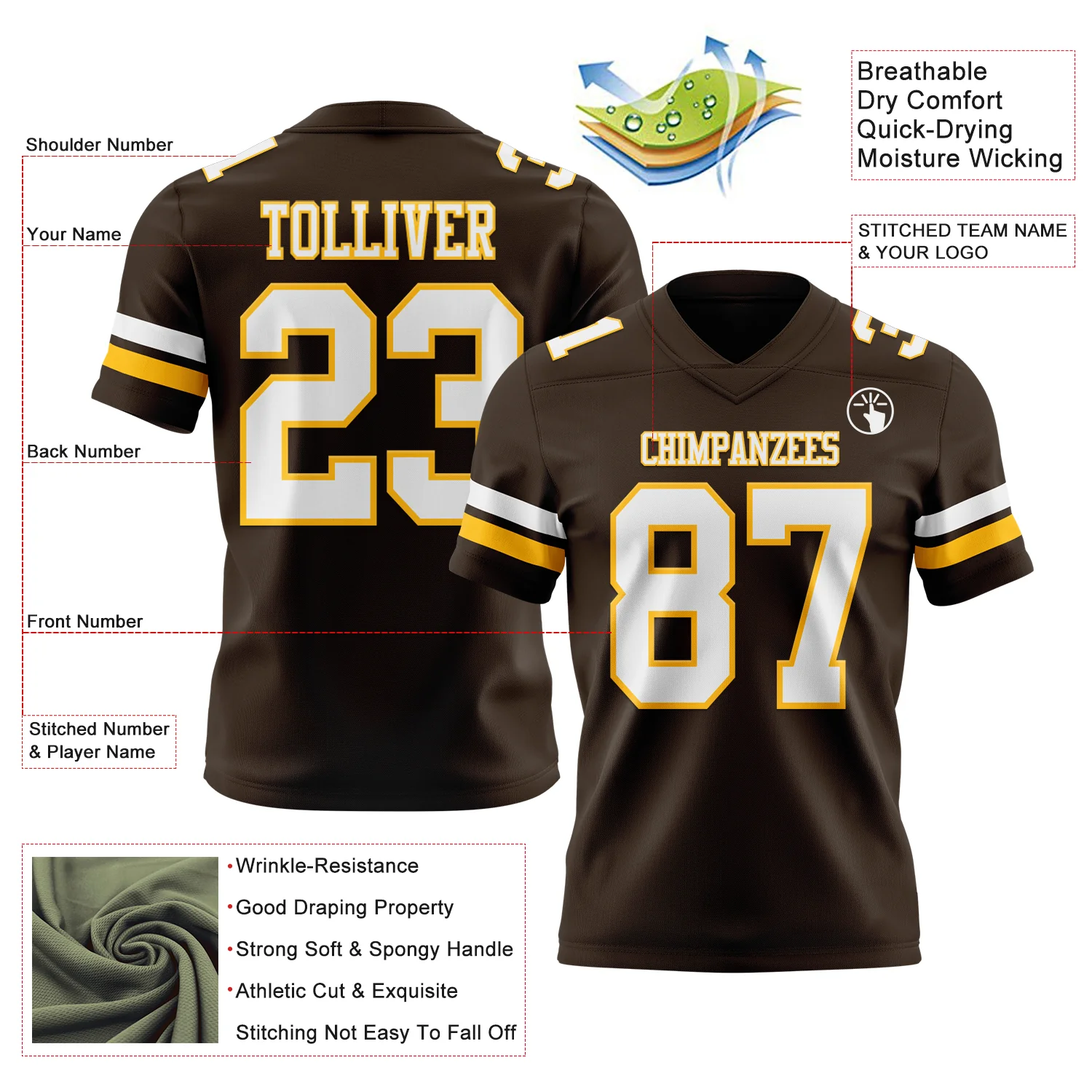 Custom Brown White-Gold Authentic Football Jersey - Image 3