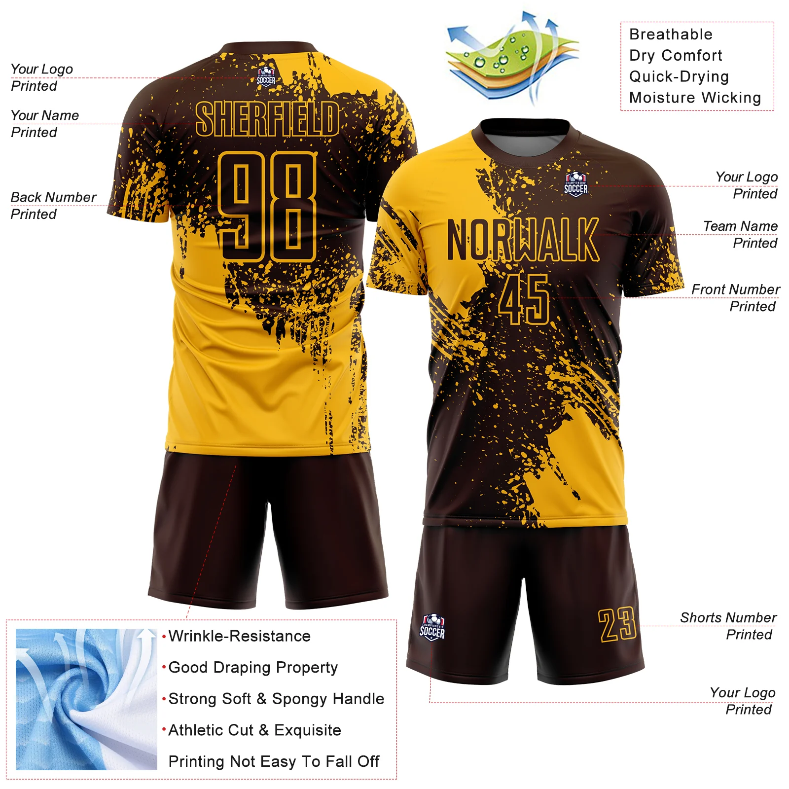 Custom Brown Gold Abstract Brush Stroke Sports Sublimation Soccer Uniform Jersey - Image 4