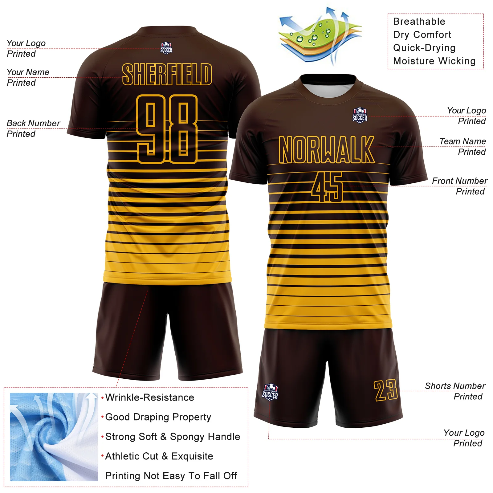 Custom Brown Gold Gradient Pinstripe Sublimation Soccer Uniform Jersey - Image 4