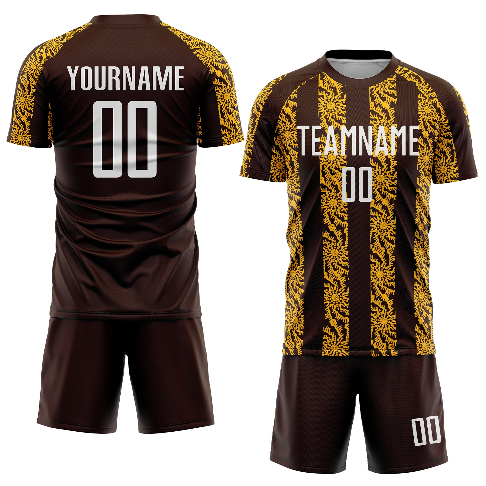Custom Brown White-Gold Abstract Shape Sublimation Soccer Uniform Jersey - Image 2