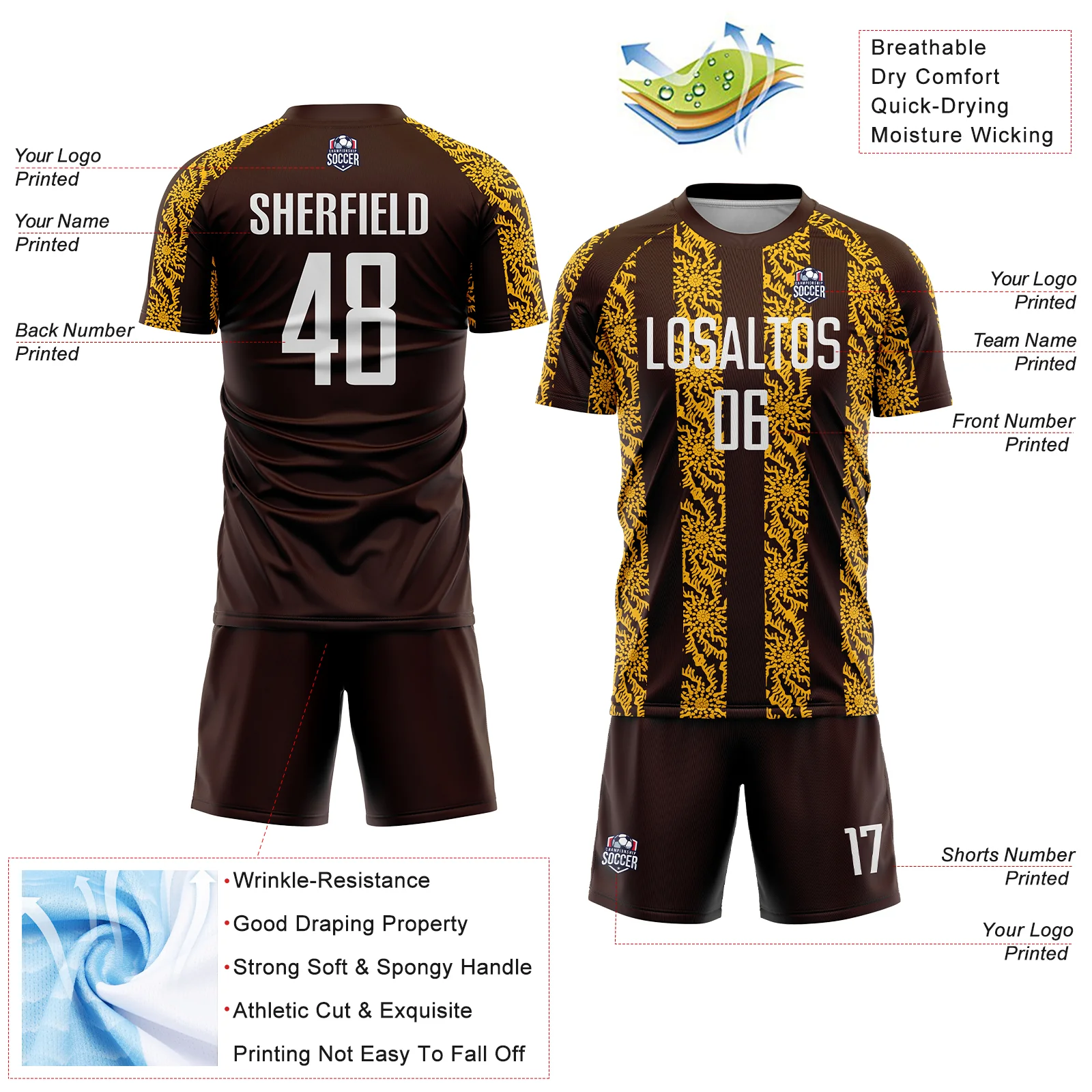 Custom Brown White-Gold Abstract Shape Sublimation Soccer Uniform Jersey - Image 4