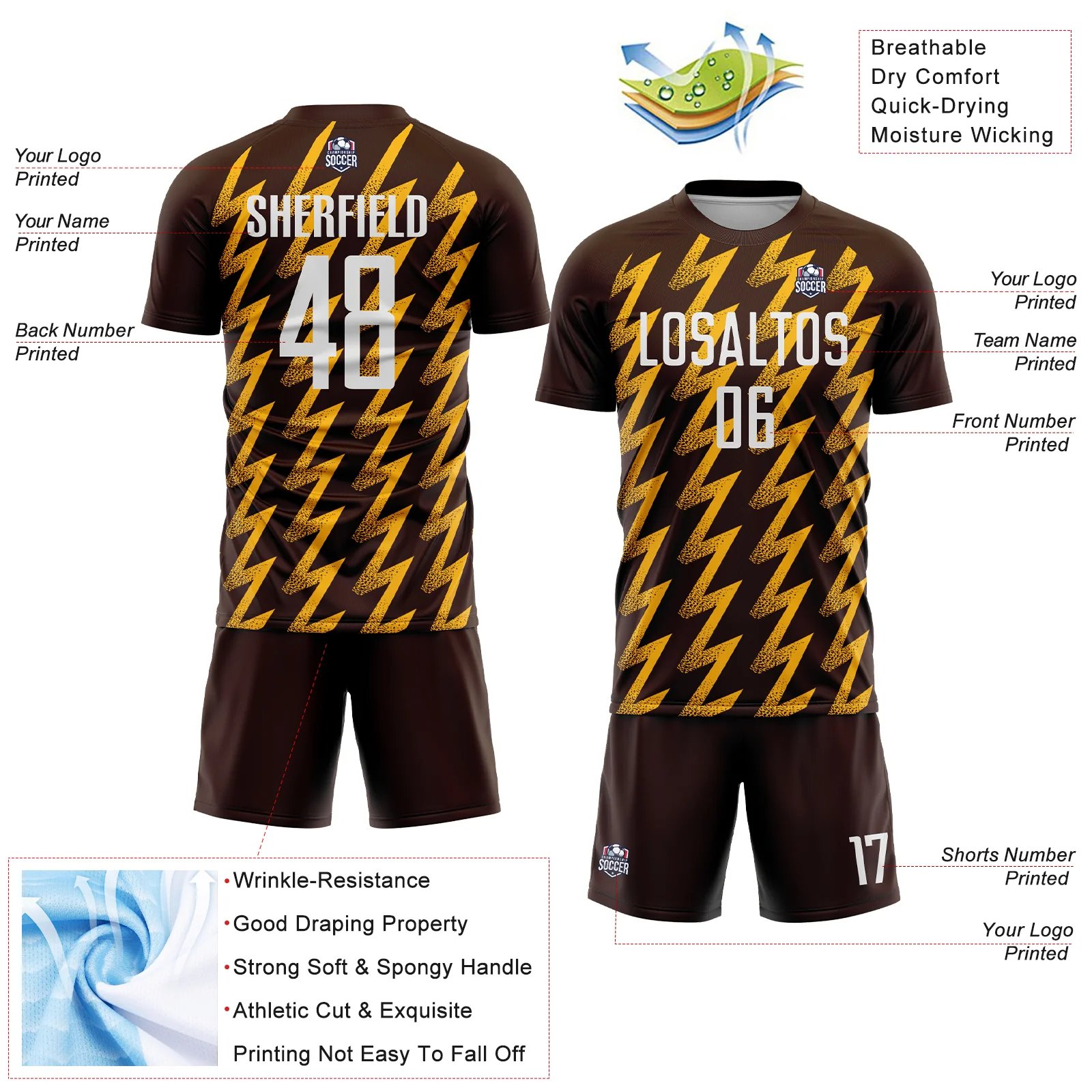 Custom Brown White-Gold Zigzag Shape Sublimation Soccer Uniform Jersey - Image 4