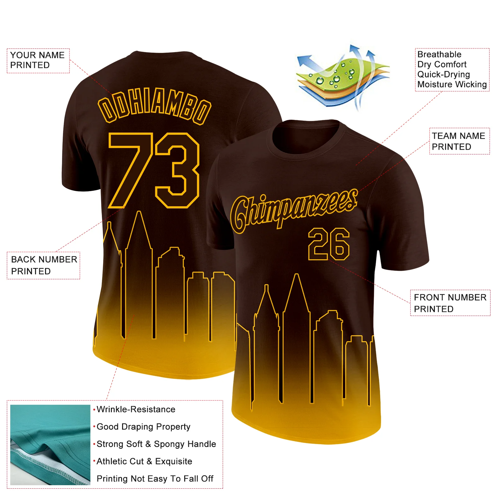 Custom Brown Gold 3D San Diego City Edition Fade Fashion Performance T-Shirt - Image 2