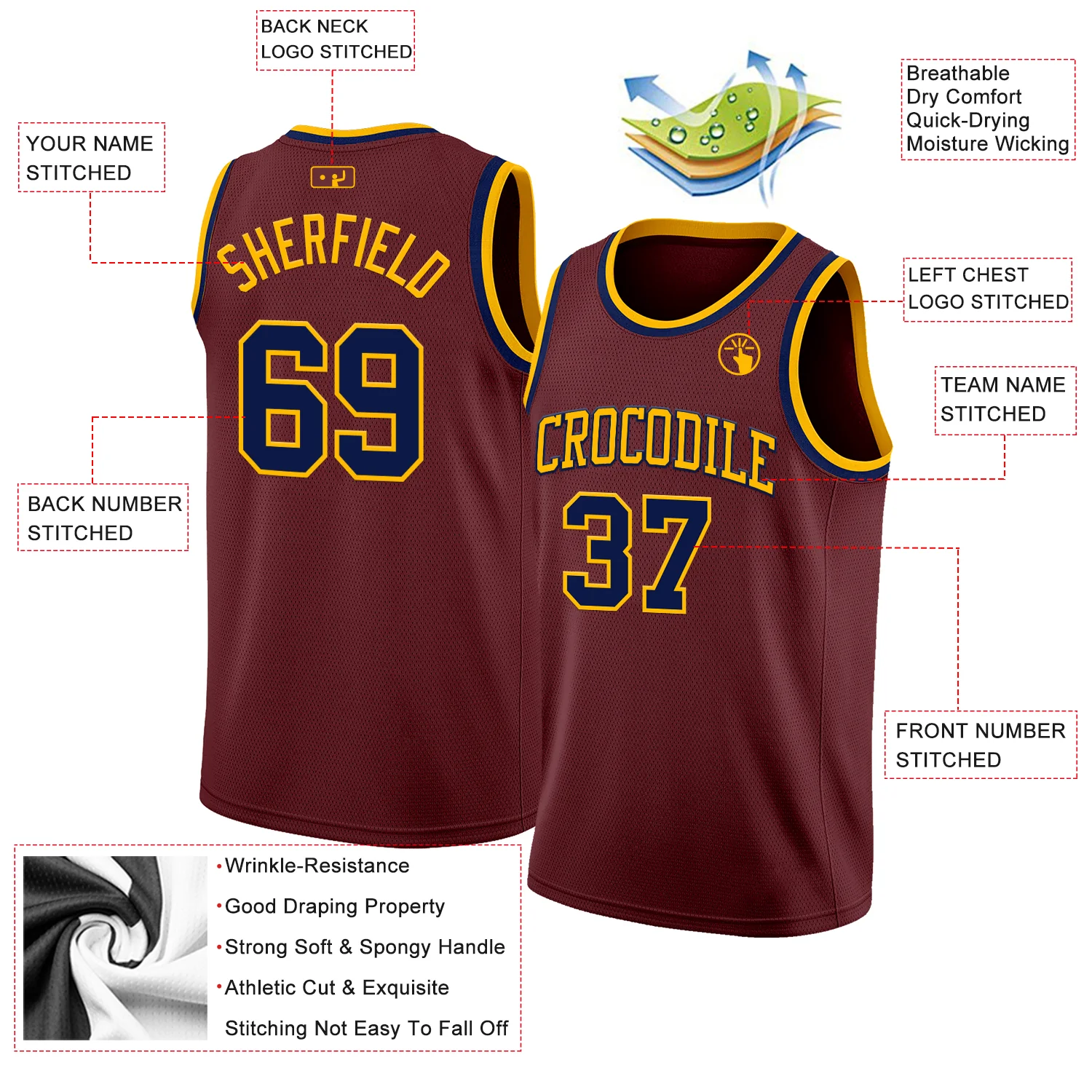Custom Burgundy Navy-Gold Authentic Basketball Jersey - Image 2