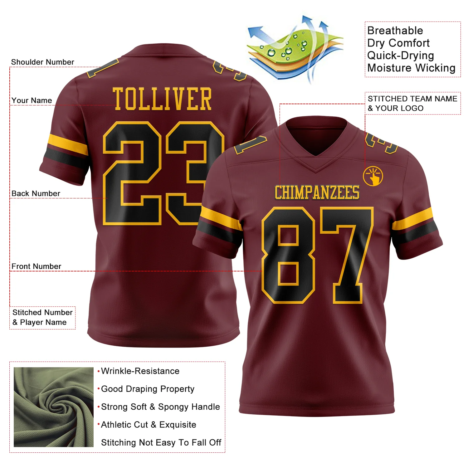 Custom Burgundy Black-Gold Authentic Football Jersey - Image 3