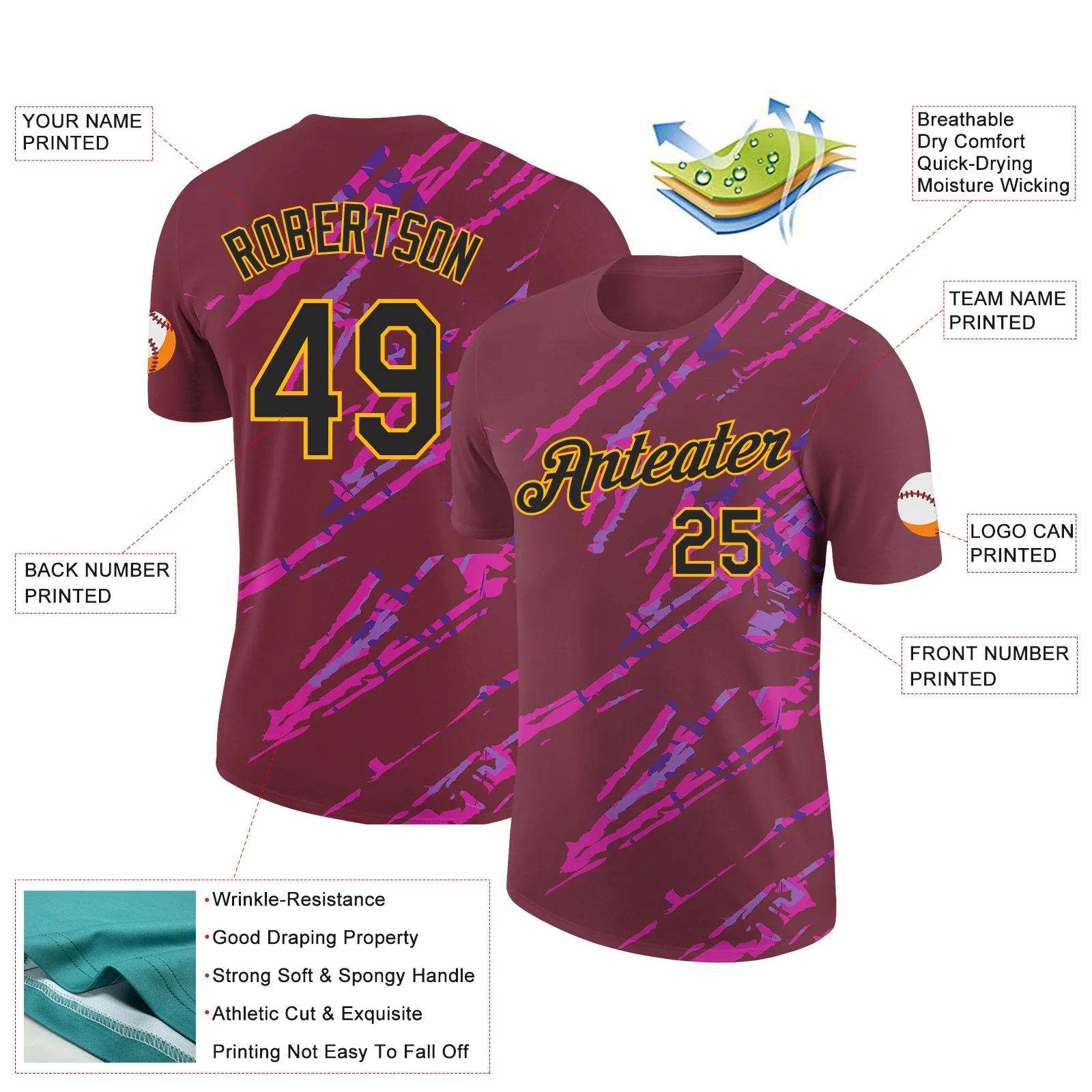 Custom Burgundy Black Gold-Deep Pink 3D Esports Performance T-Shirt - Image 2