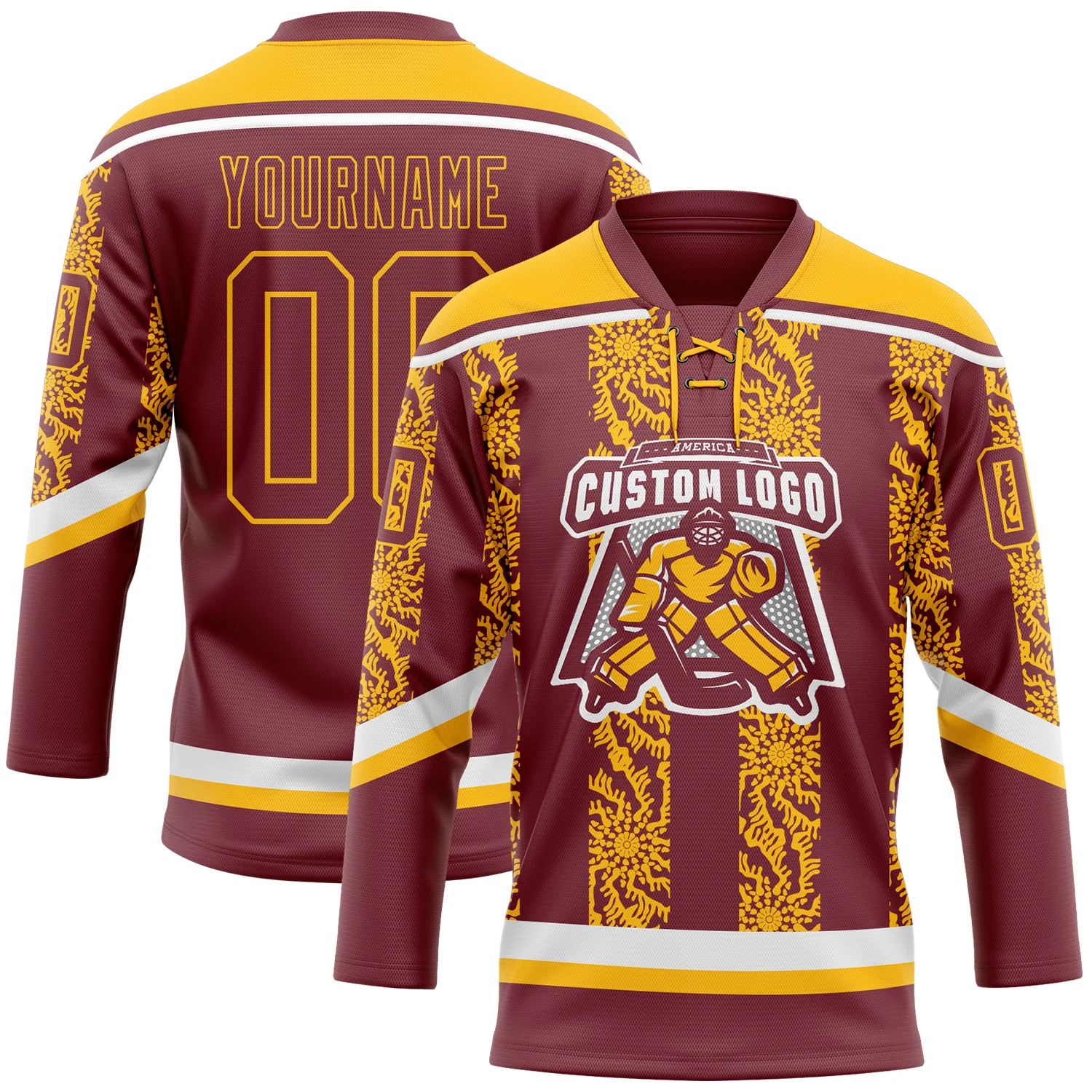 Custom Burgundy Gold-White 3D Pattern Abstract Shape Hockey Lace Neck Jersey - Image 2