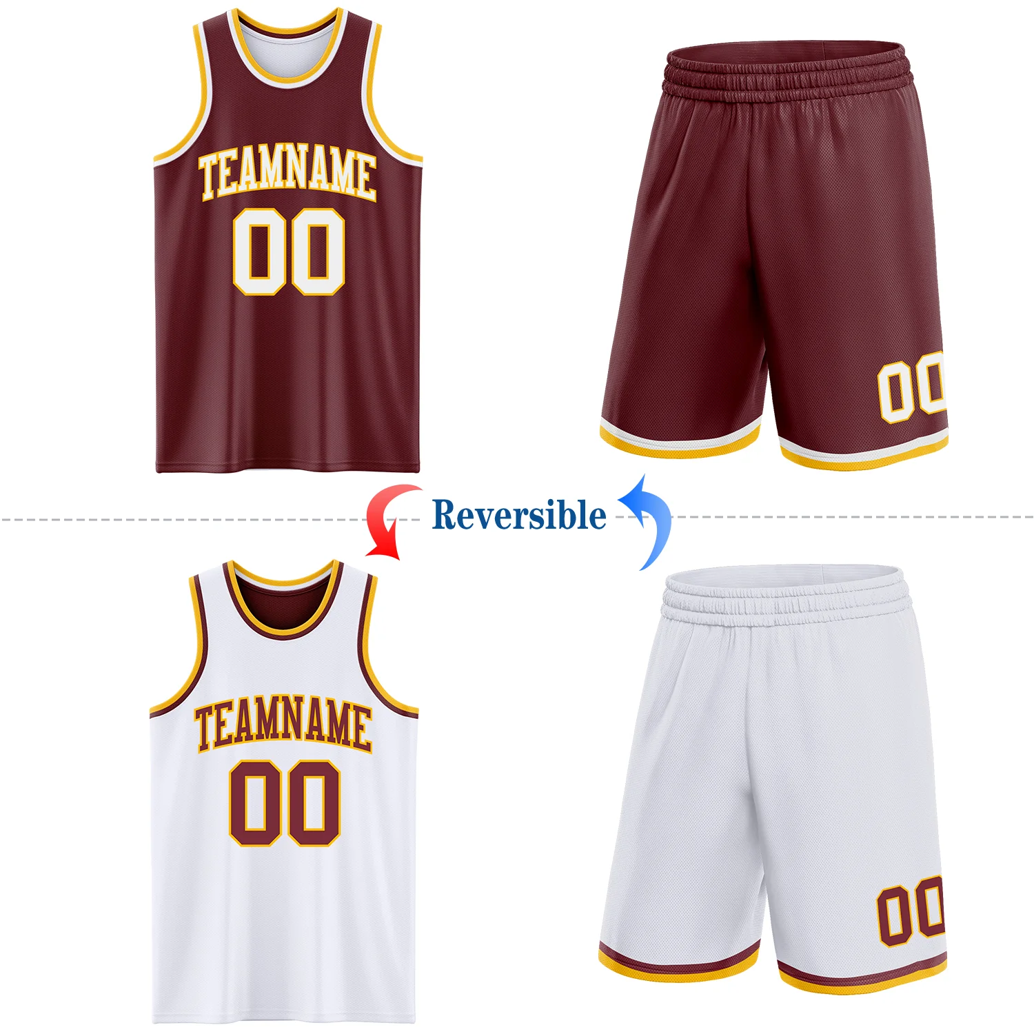 Custom Reversible Burgundy White-Gold Double Side Sublimation Basketball Suit Jersey - Image 2