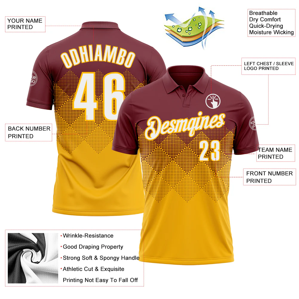 Custom Burgundy White-Gold 3D Gradient Square Shape Performance Polo Shirt - Image 3