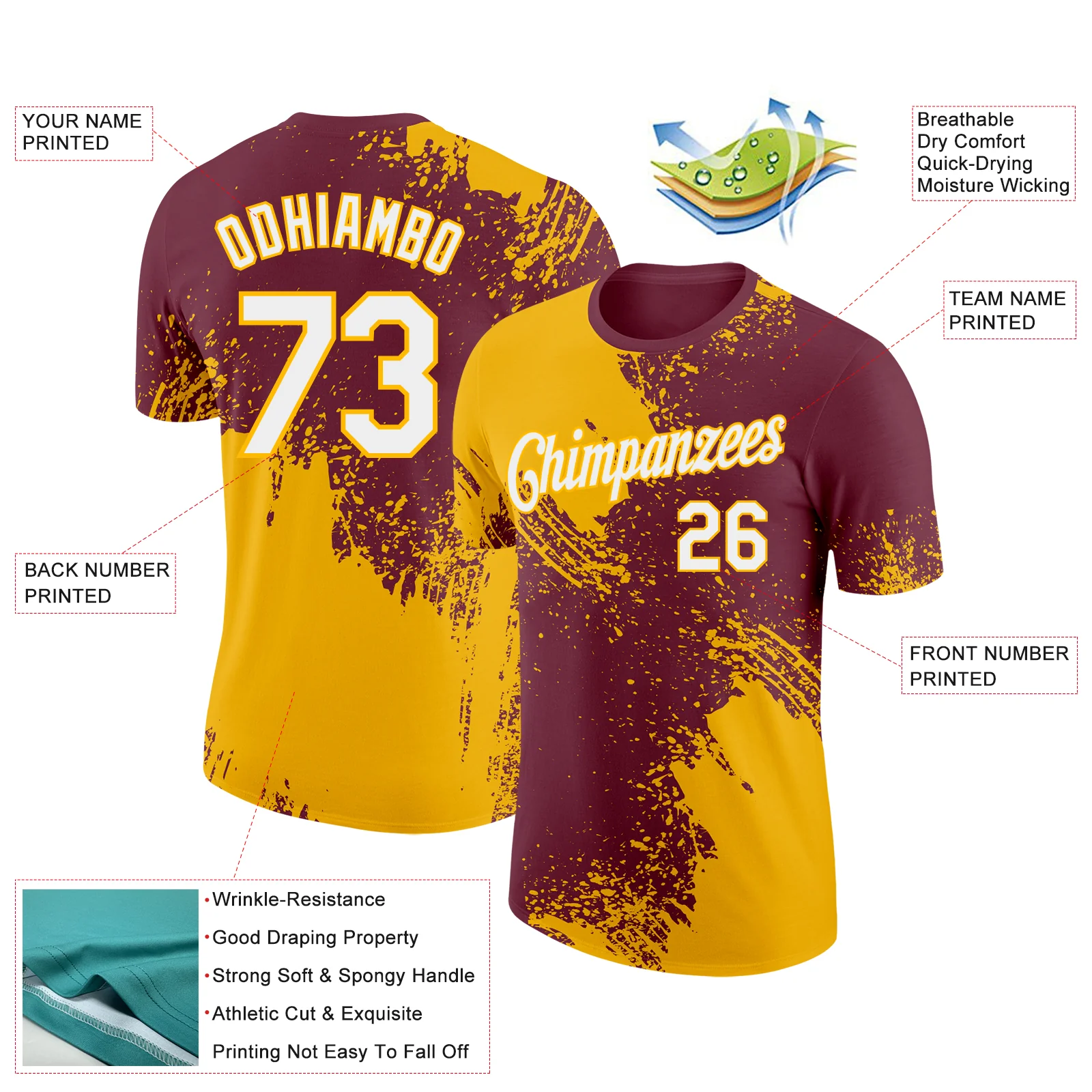 Custom Burgundy White-Gold 3D Pattern Design Abstract Brush Stroke Performance T-Shirt - Image 2
