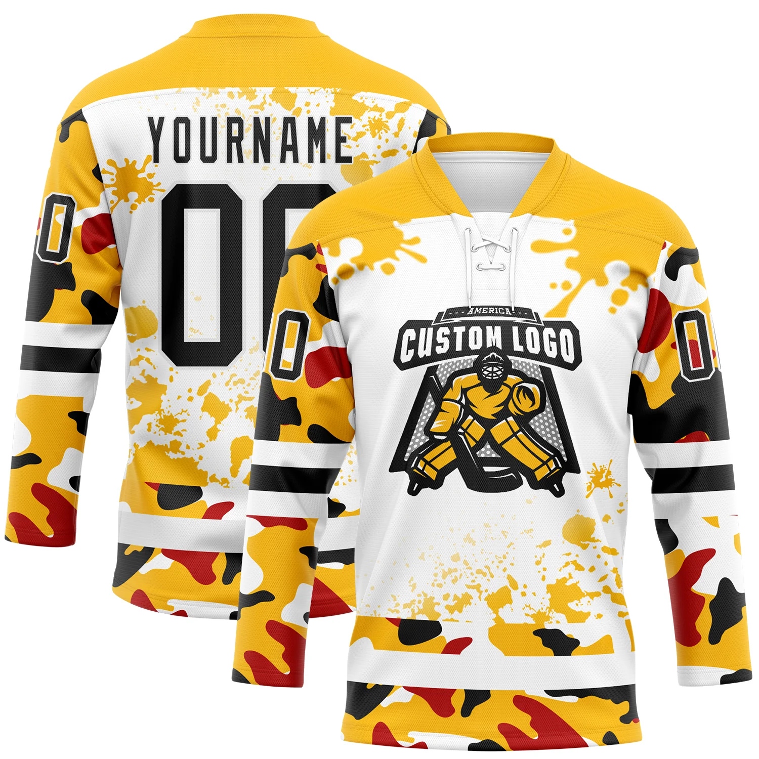 Custom Camo Black Gold-White Splash Hockey Lace Neck Jersey - Image 2