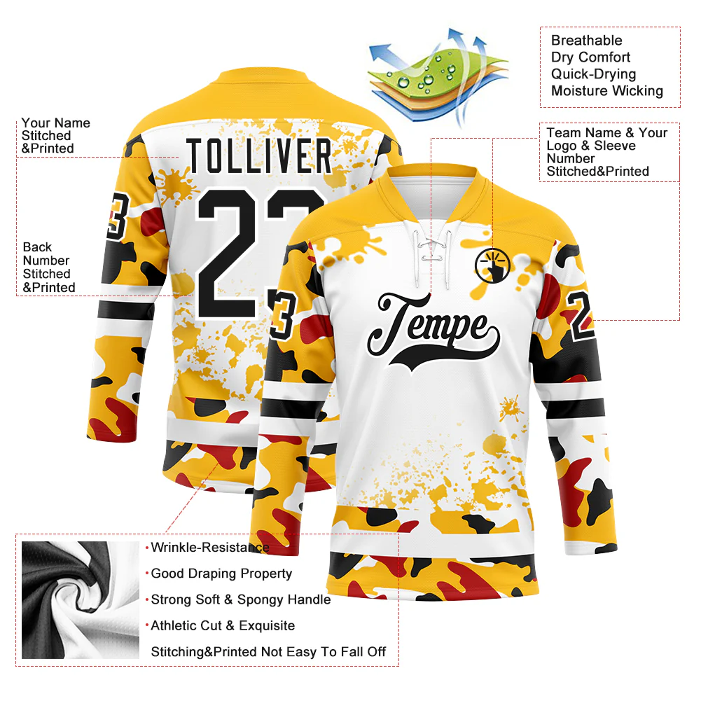 Custom Camo Black Gold-White Splash Hockey Lace Neck Jersey - Image 3