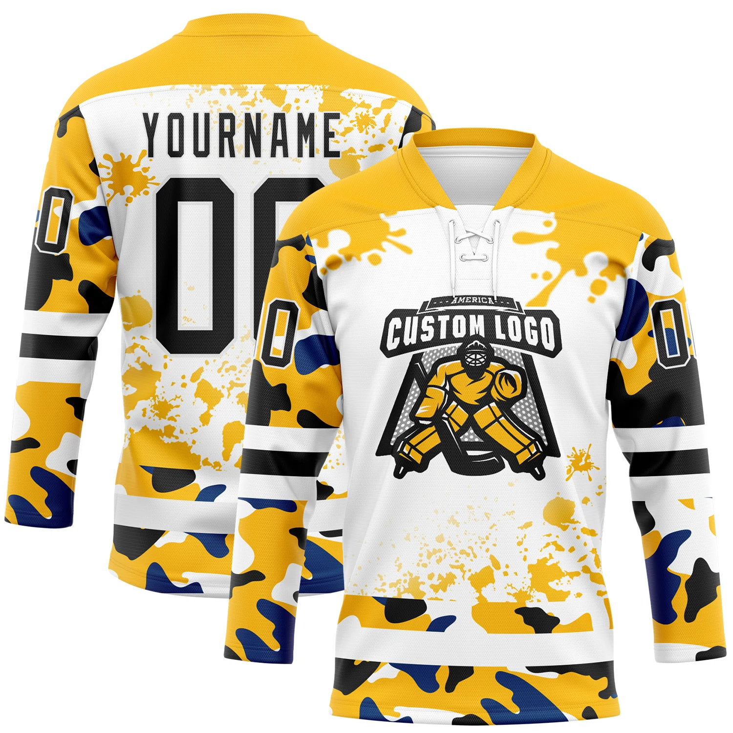 Custom Camo Black Gold-White Splash Hockey Lace Neck Jersey - Image 2