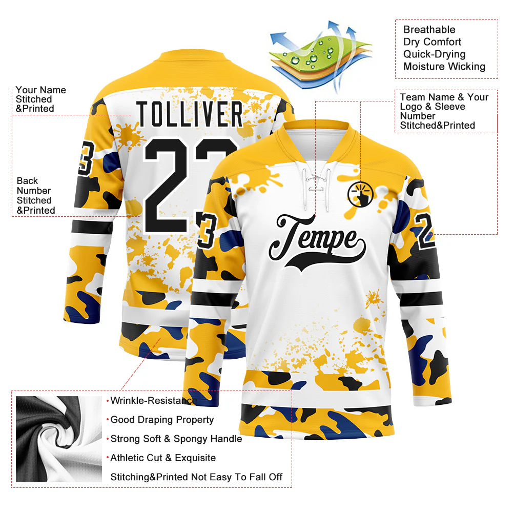 Custom Camo Black Gold-White Splash Hockey Lace Neck Jersey - Image 3