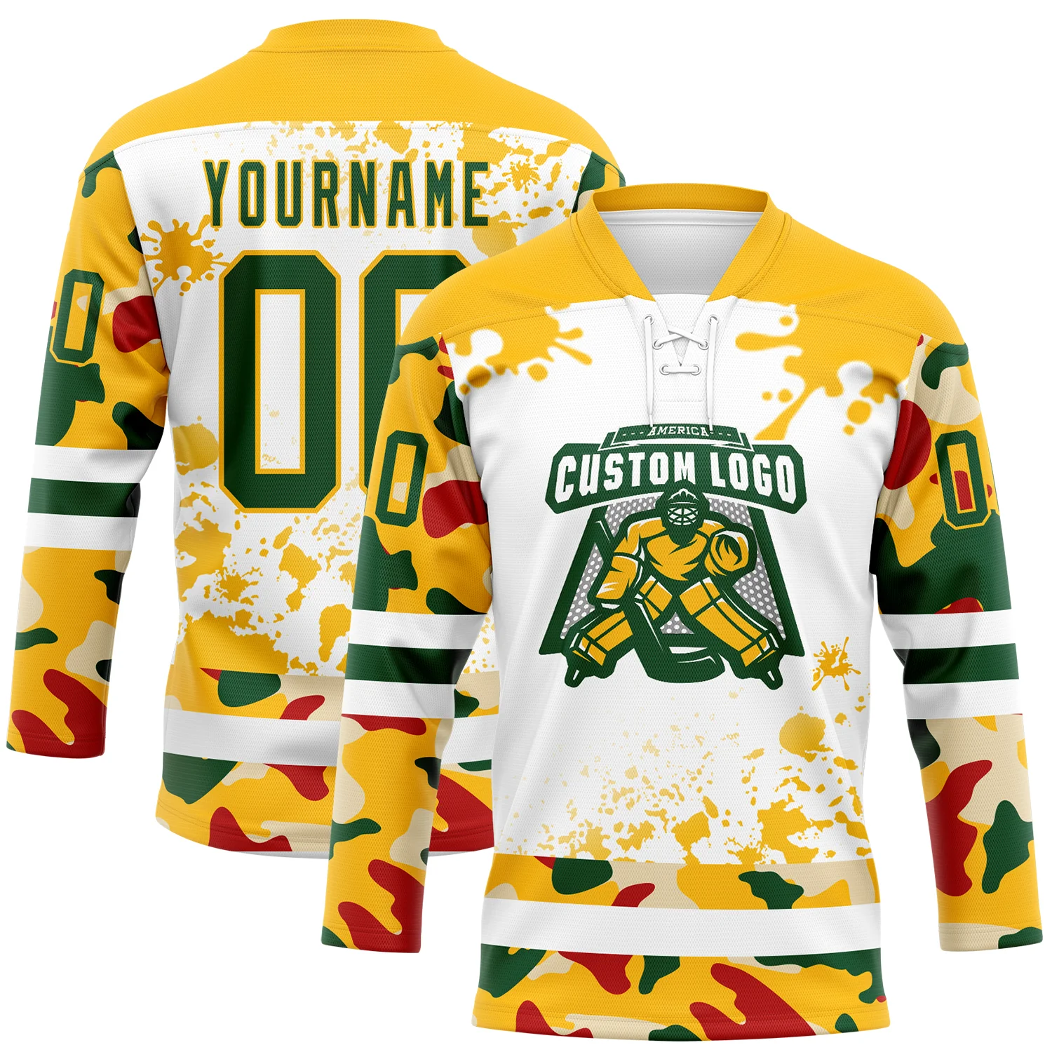 Custom Camo Green Gold-White Splash Hockey Lace Neck Jersey - Image 2
