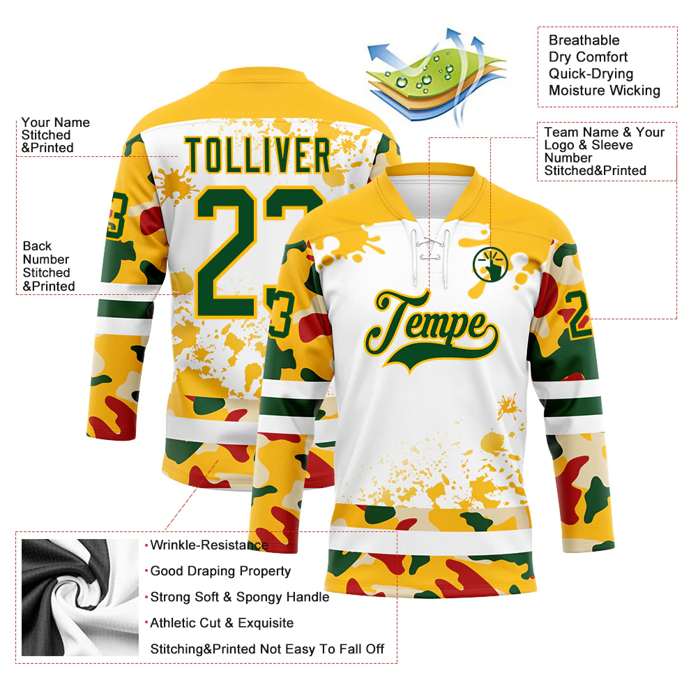 Custom Camo Green Gold-White Splash Hockey Lace Neck Jersey - Image 3