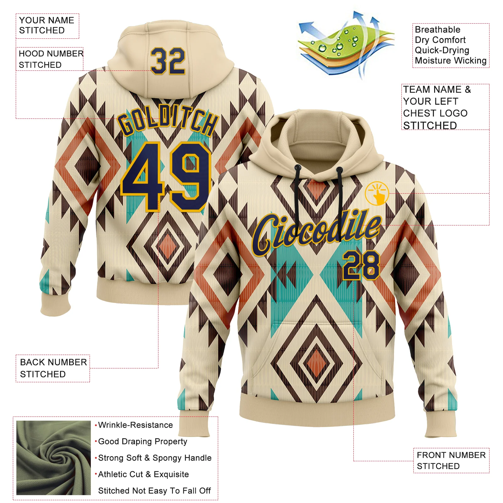 Custom Stitched City Cream Navy-Gold 3D Pattern Design Tribal Ethnic Native American Sports Pullover Sweatshirt Hoodie - Image 2