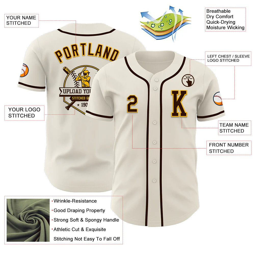 Custom Cream Brown-Gold Authentic Baseball Jersey - Image 6