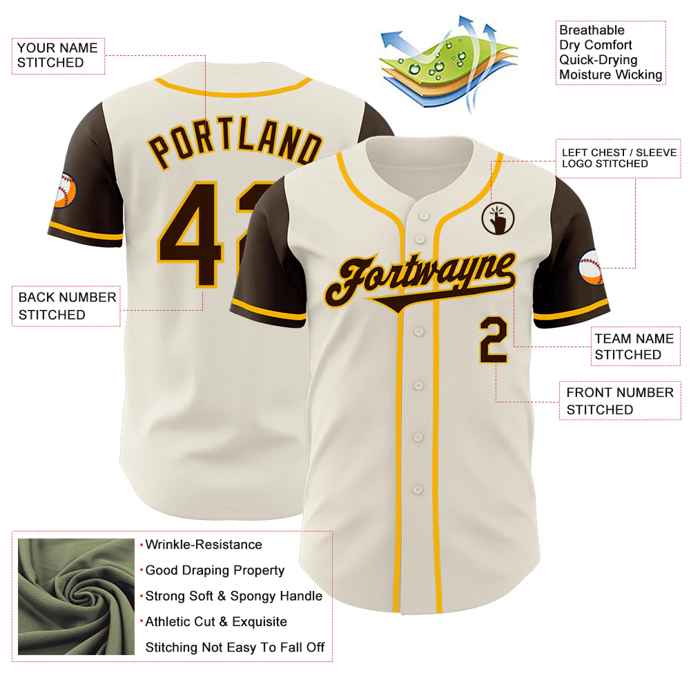 Custom Cream Brown-Gold Authentic Two Tone Baseball Jersey - Image 3