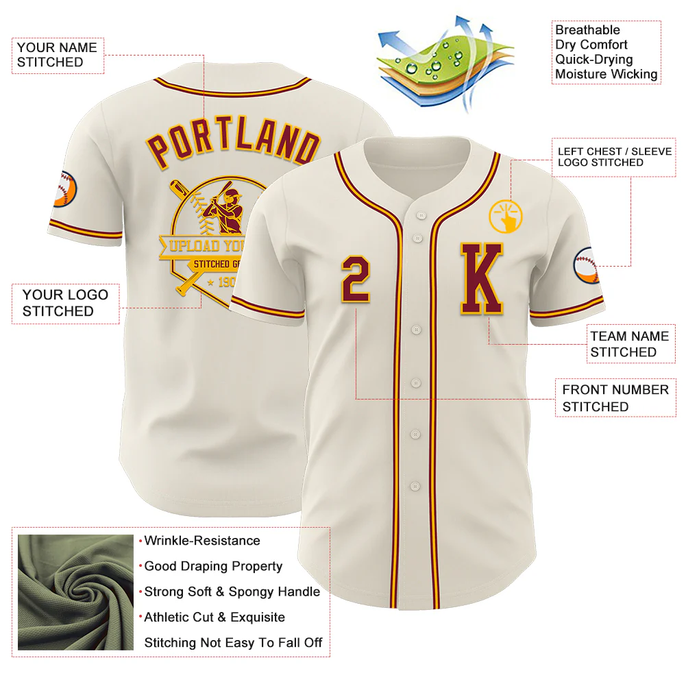 Custom Cream Crimson-Gold Authentic Baseball Jersey - Image 6