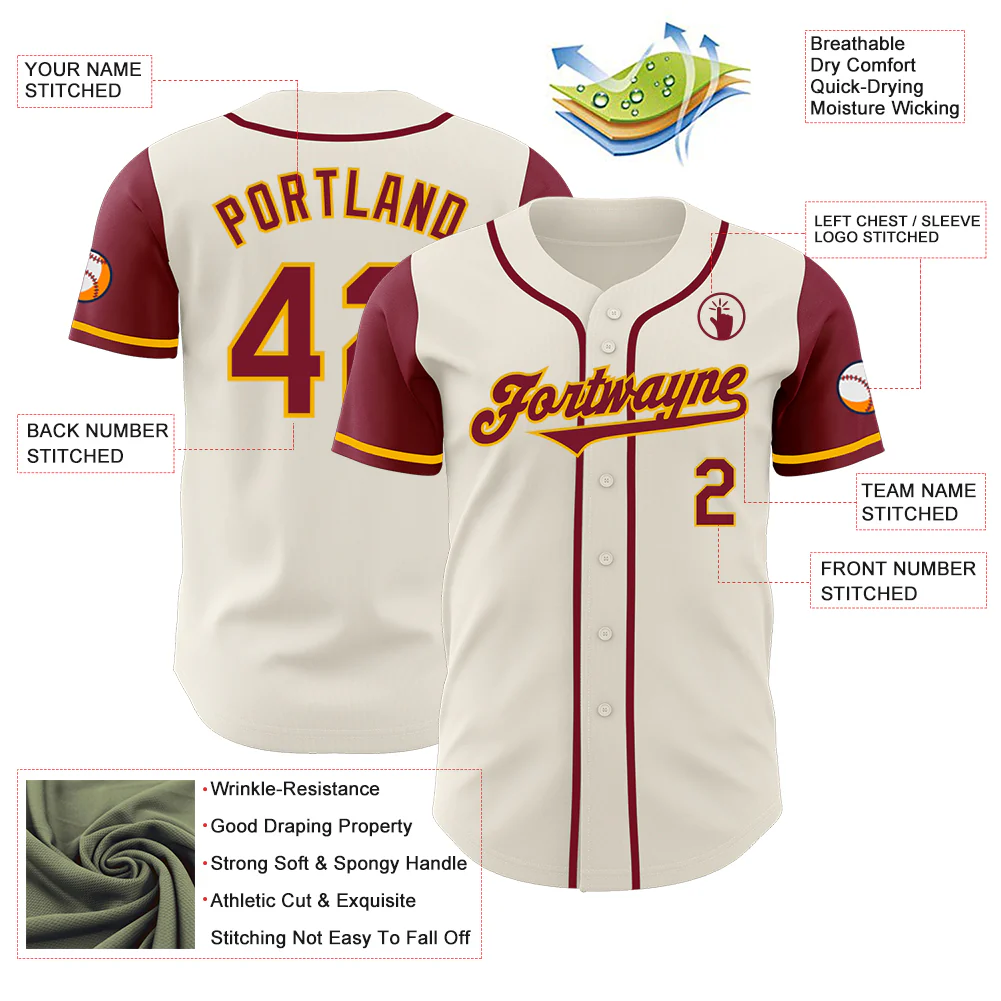 Custom Cream Crimson-Gold Authentic Two Tone Baseball Jersey - Image 3