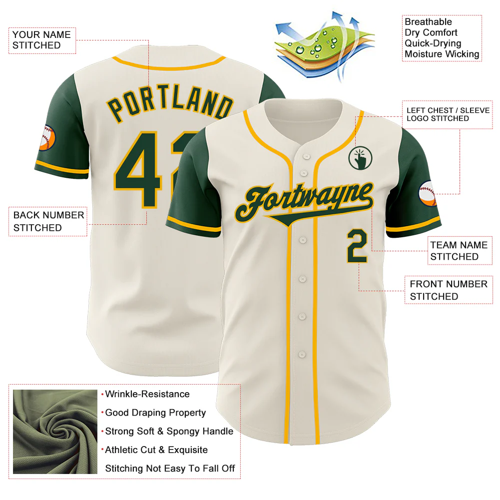 Custom Cream Green-Gold Authentic Two Tone Baseball Jersey - Image 3