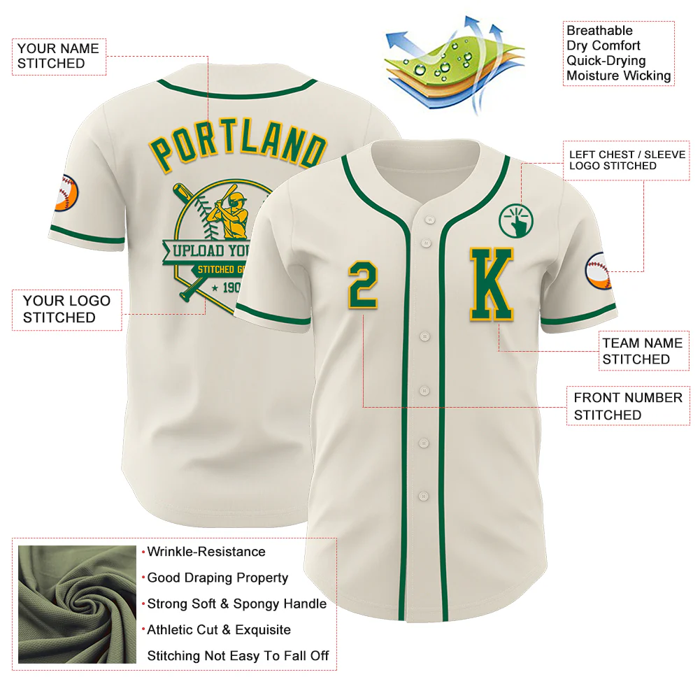 Custom Cream Kelly Green-Gold Authentic Baseball Jersey - Image 6