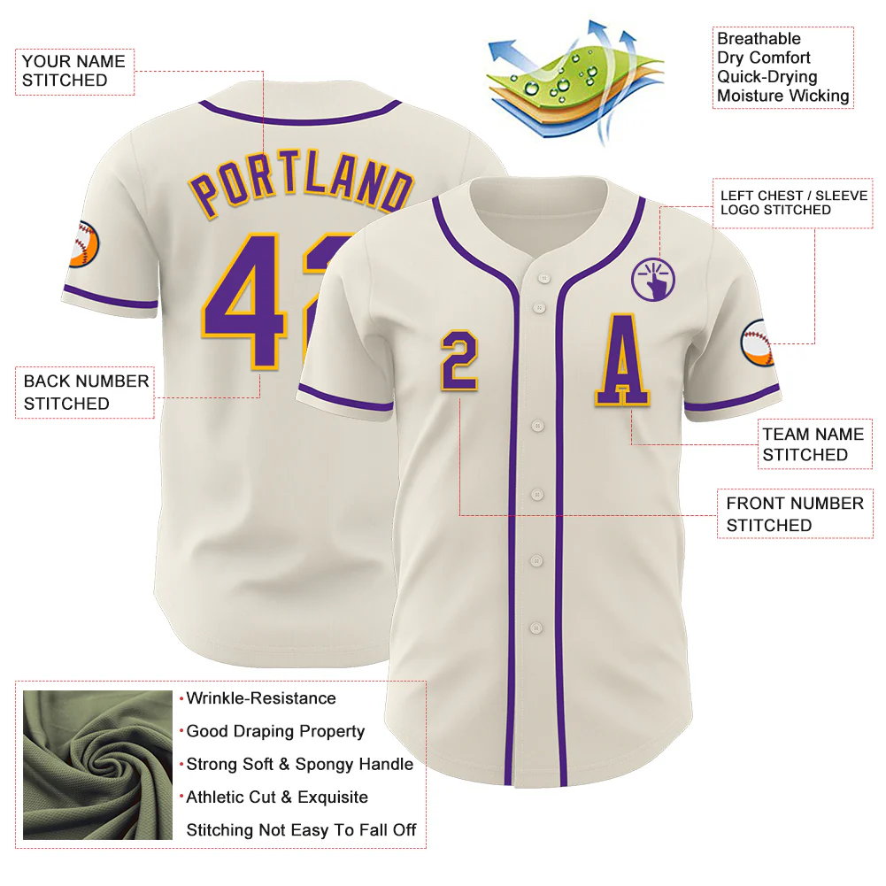 Custom Cream Purple-Gold Authentic Baseball Jersey - Image 2
